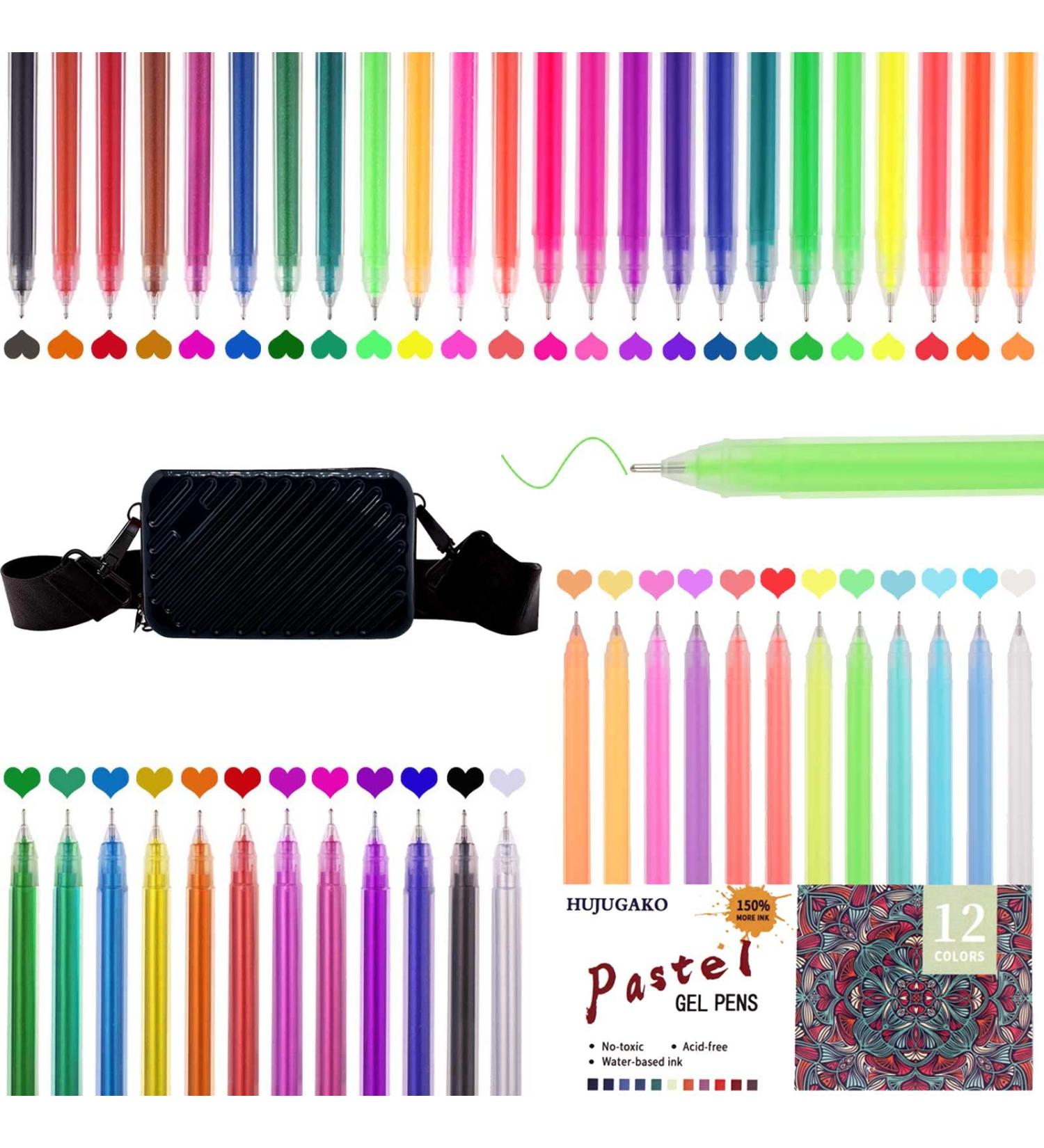 Gel Pens Set 60 Pcs Fine Tip with 48 Glitter & 12 Pastel Colors - Ideal for Coloring, Drawing, Crafts - 150% More Ink - Kids & Adults - Buy Online on GoSupps.com