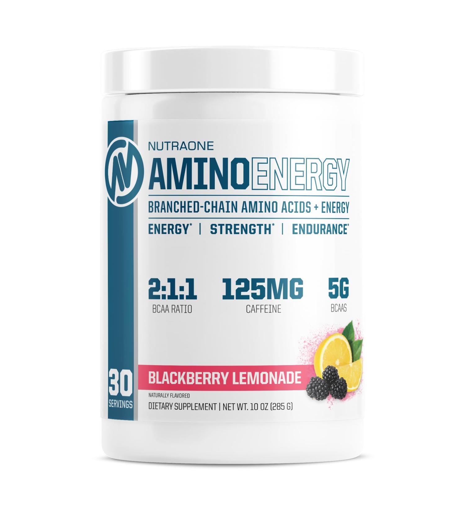 NutraOne Amino Energy BCAA Powder - Pre-Workout Supplement with Caffeine - Blackberry Lemonade - 30 Servings - Fuel & Recover Efficiently - Buy Online on GoSupps.com