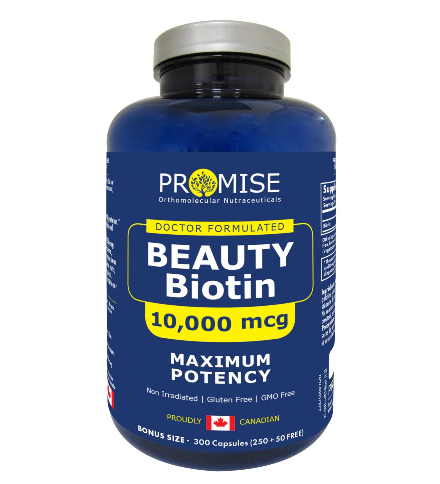 Promise Beauty Biotin High Potency Capsules 300 Capsules 10 000 mcg - Vitamin B7 for Rapid Hair Growth Support and Healthy Metabolism- Soft Skin and Strong Nails- Made In Canada 1 count (Pack of 300) - Buy Online on GoSupps.com