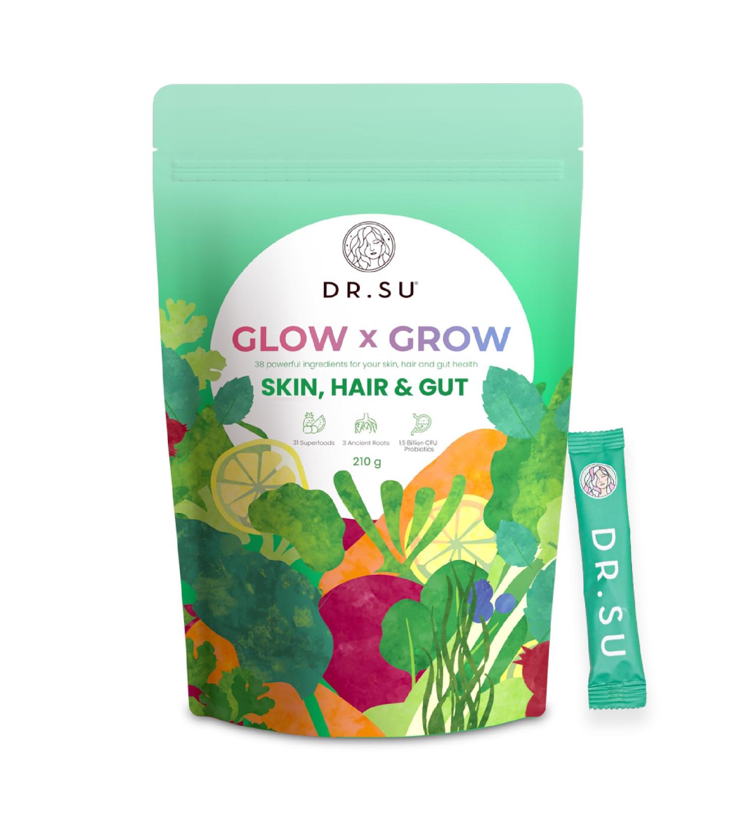 Dr.Su 6-in-1 Supplement Powder | Clear Skin Strong Hair & Healthy Gut | with Vitamins Minerals Antioxidants Probiotics Fiber & Adaptogens | Lemon Mint | Sugar-Free | 30 Sachets | Unisex - Buy Online on GoSupps.com