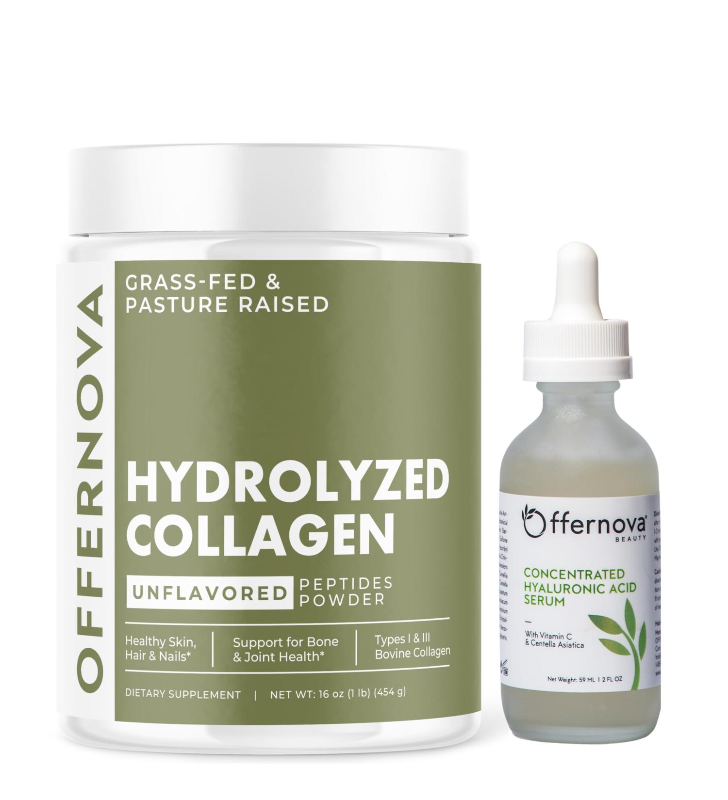 Offernova Collagen & Hyaluronic Acid Bundle Hydrolyzed Collagen Powder + Hydrating Hyaluronic Acid Serum for Radiant Skin Strong Hair & Joints Anti-Aging & Beauty Duo - Buy Online on GoSupps.com