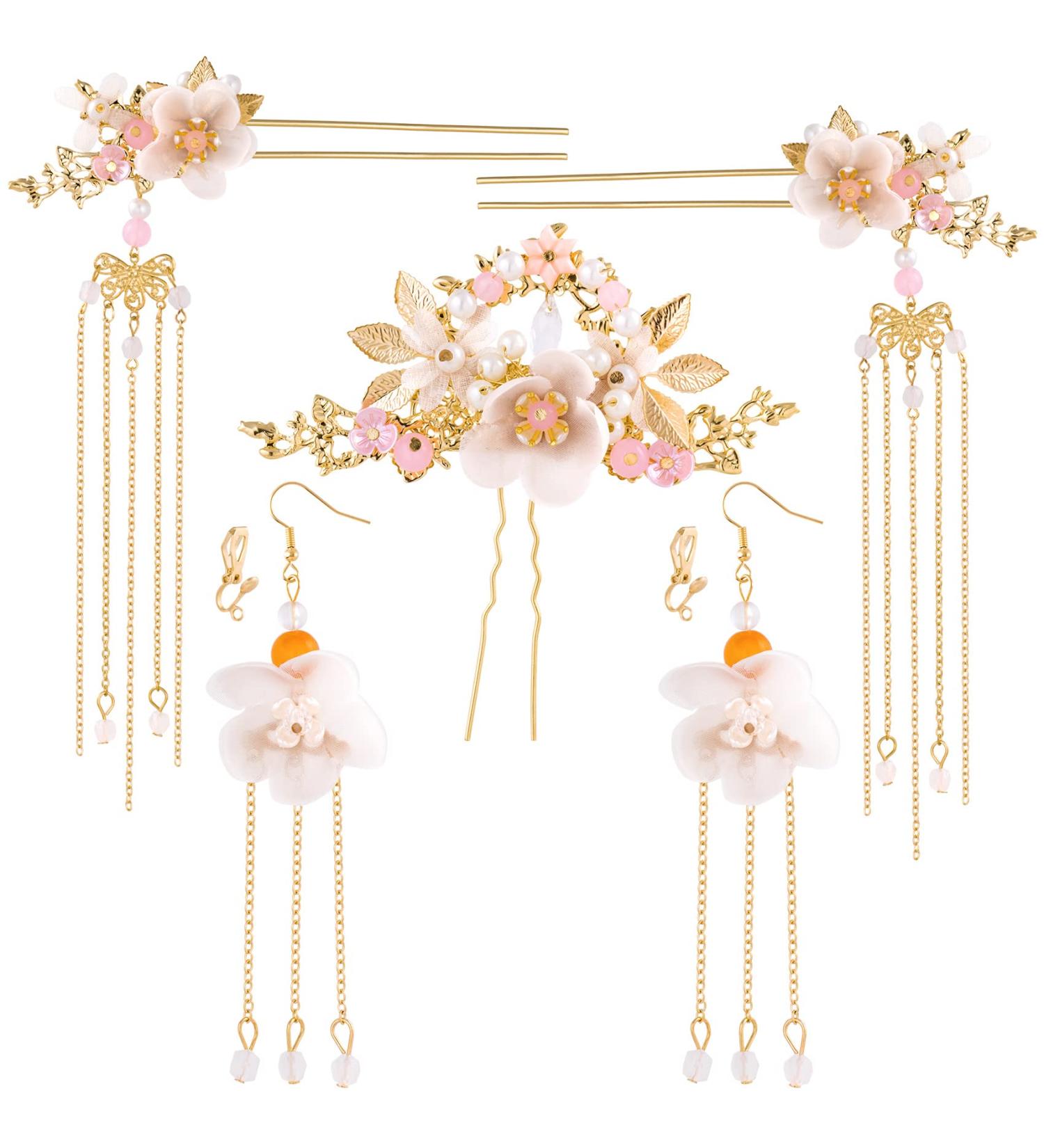 HINZIC 5Pcs Chinese Hair Stick Flowers Pearl Hair Pins Set for Women - HanFu Lover Gift - Wedding Accessories - Buy Online on GoSupps.com