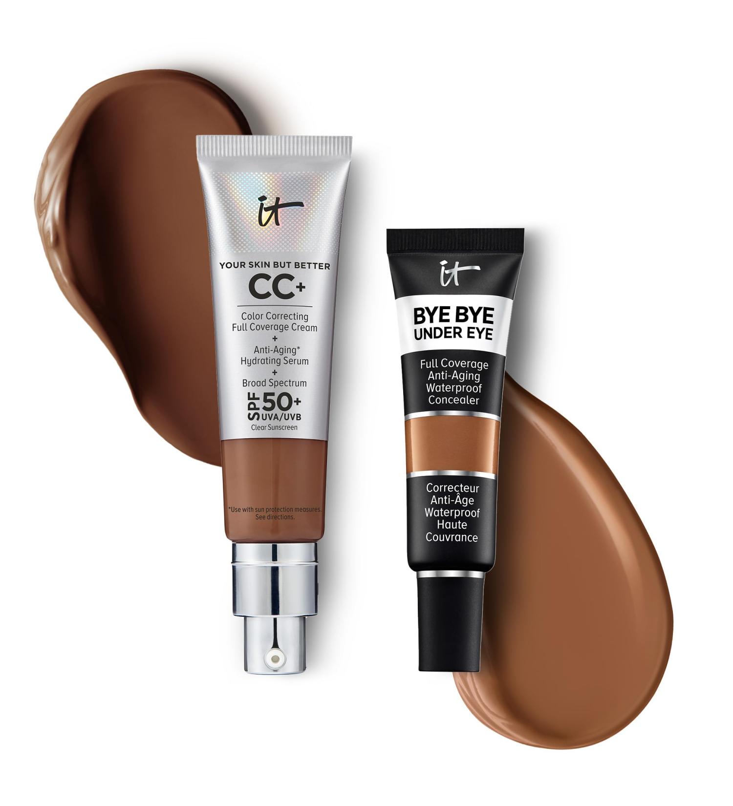 IT Cosmetics CC+ Cream with SPF 50+ Natural Finish Full Coverage Foundation (Deep Honey - 1.08 fl oz) & Bye Bye Undereye Concealer Anti-Aging Makeup (43.0 Deep Honey - 0.4 fl oz) - Buy Online on GoSupps.com