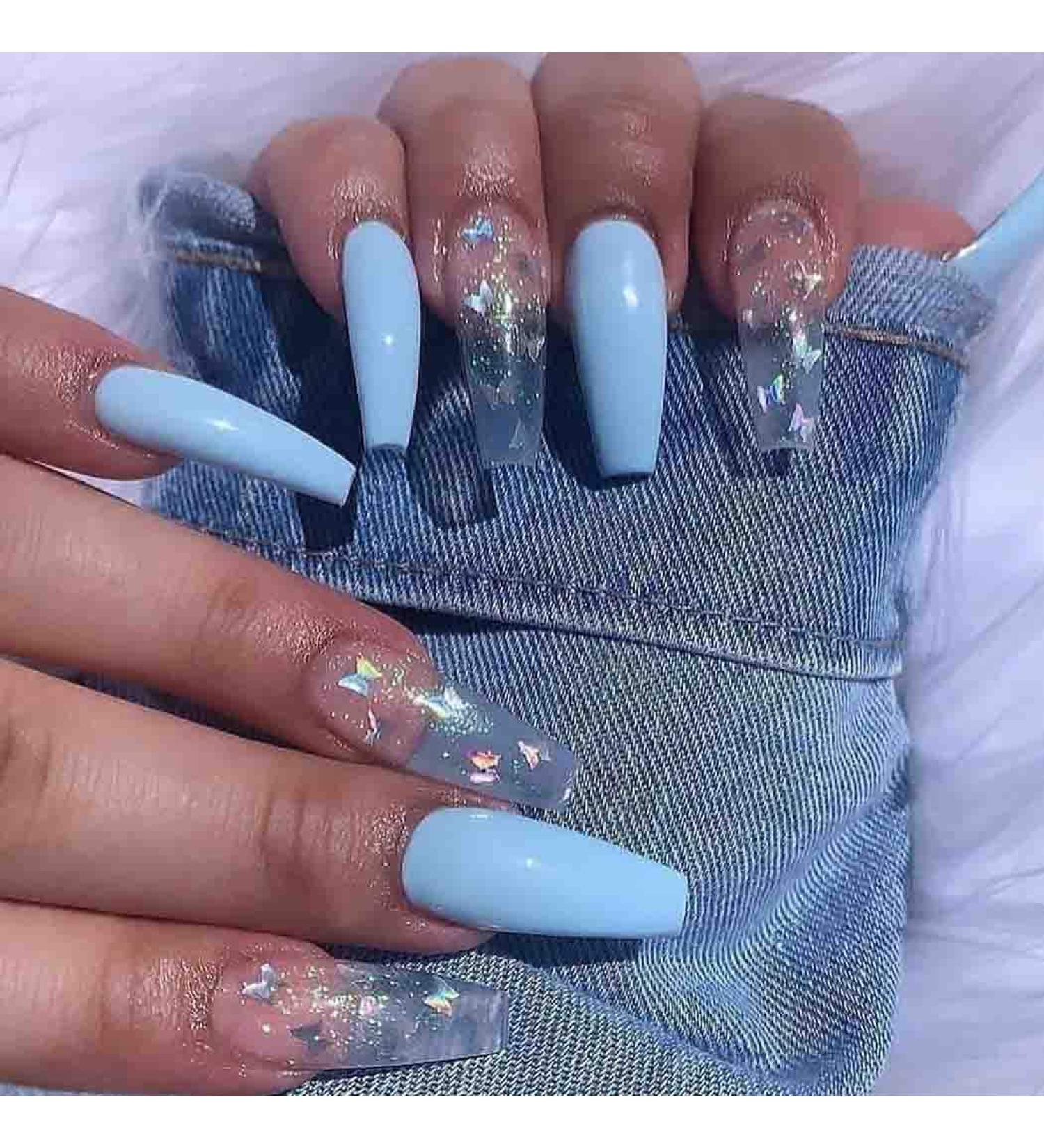 Outyua Butterfly Fake Nails Coffin Glossy Extra Long Blue Press On Nails - 24pcs for Women and Girls - Buy Online on GoSupps.com
