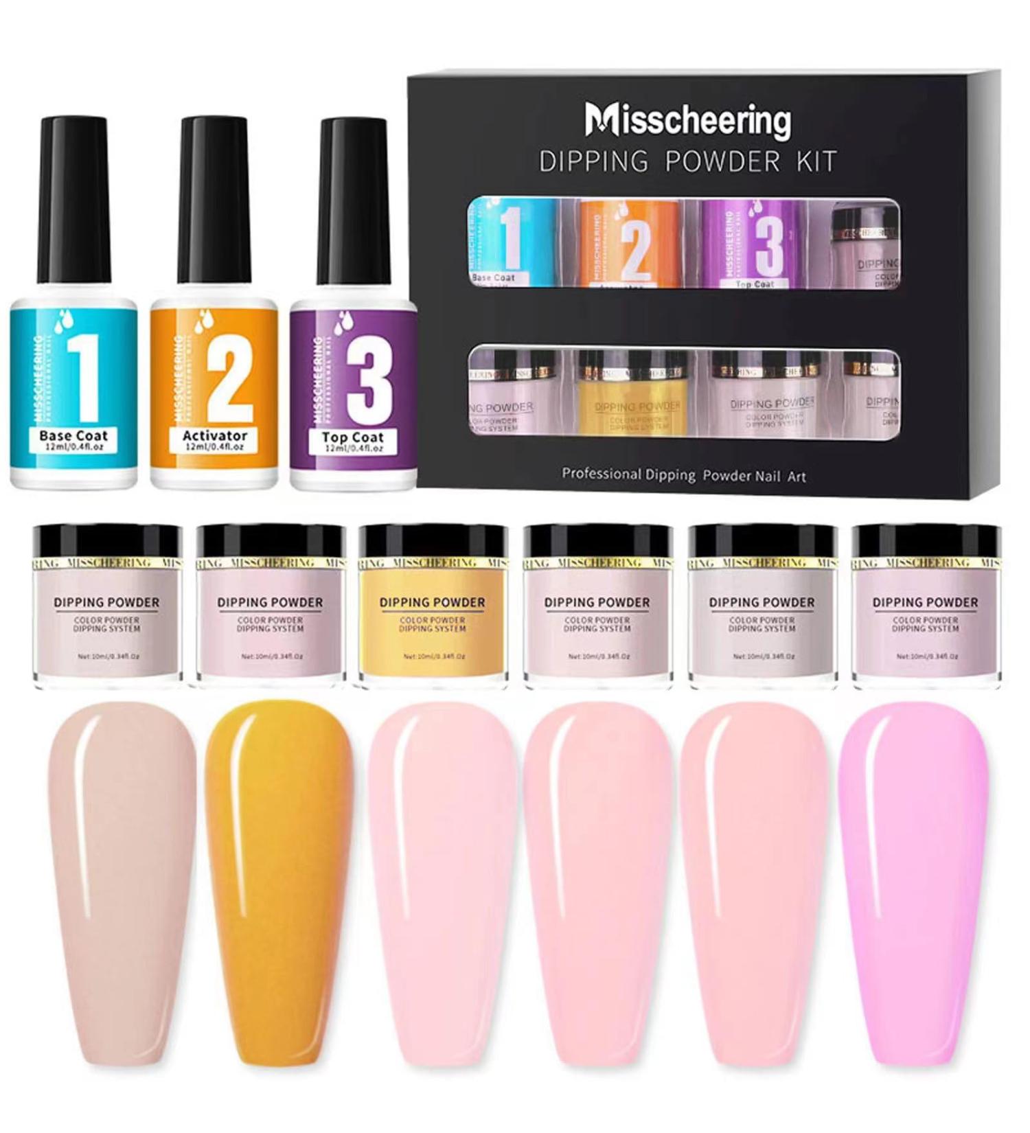 9 Pcs Dip Powder Nail Kit - 6 Colors Dipping Powder - Nude Pink Nail Dipping Powder Liquid Set with Base Top Coat Activator Starter French Nail Art Manicure for Beginners DIY Home - Buy Online on GoSupps.com