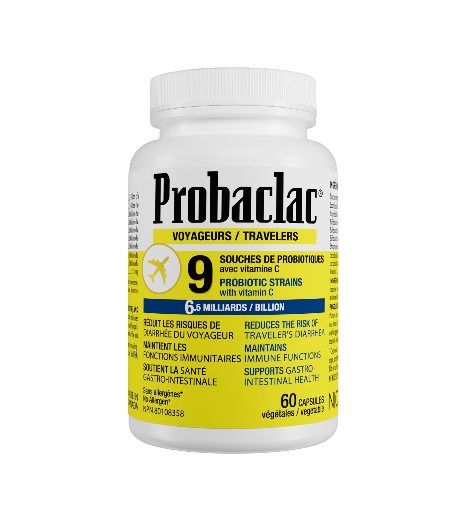 Probaclac Natural Travelers Probiotics Reducing Risk of Diarrhea Contains Vitamin C Immune Support Gluten Free Travel Size Vacation Cruise and Airplane Travel Essentials Vegan 60 Capsules - Buy Online on GoSupps.com