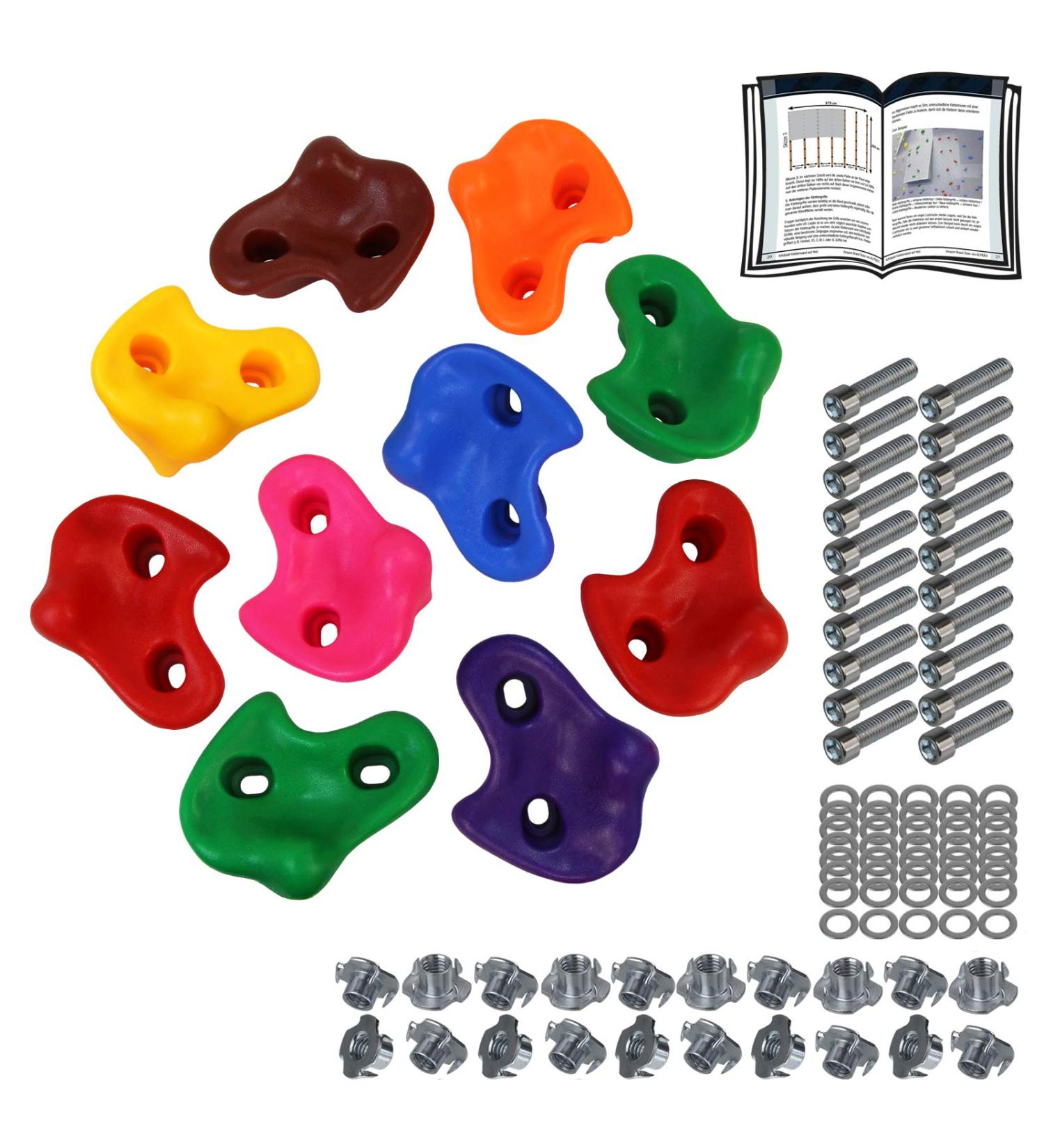 Alpidex Children Climbing Handles - 10 Mixed Color Set | Durable & Resilient Up to 200 kg | Perfect for Indoor & Outdoor Via Ferrata - Includes Fastening Material - Buy Online on GoSupps.com