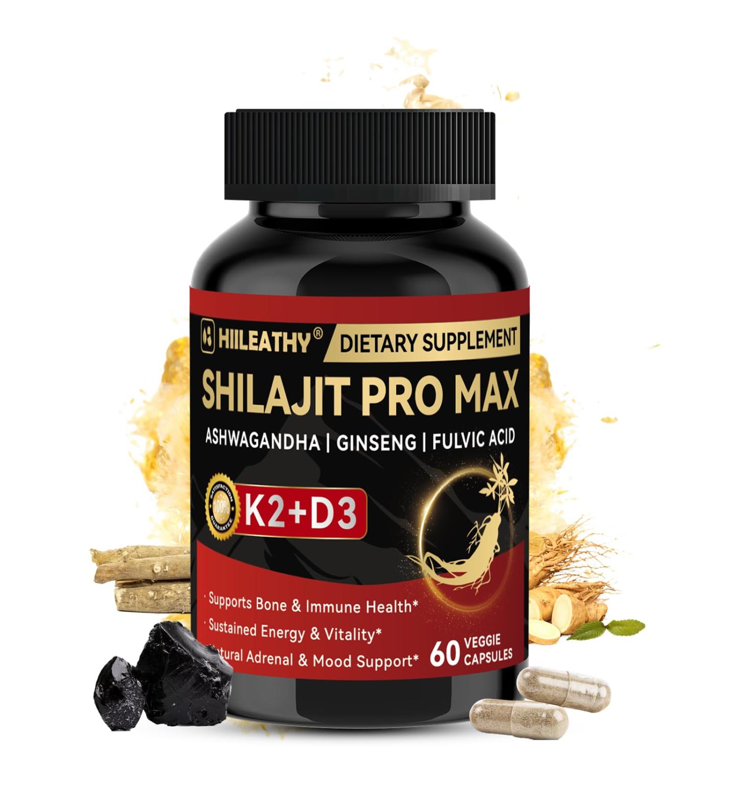 HIILEATHY Shilajit for Men Women Shilajit w/Vitamin D3 K2 Shilajits for Men w/Fulvic Acid Ashwagandha Ginseng Root Shilajits for Extra Power Stamina Immune Support Non-GMO Made in US 60 Capsules - Buy Online on GoSupps.com