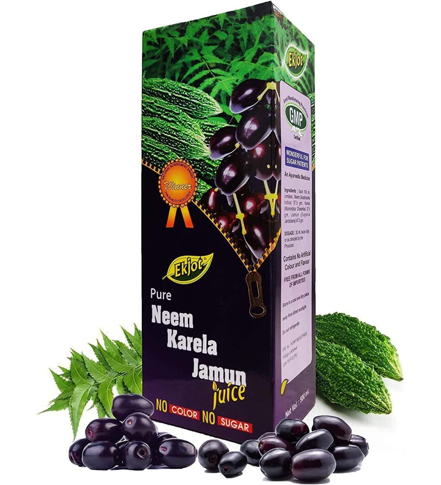 JARA EKJOT Neem Karela Jamun Juice for maintaining blood sugar levels Lowers Bad Cholesterol Levels for glowing skin 100 natural no added sugar 500ml - Buy Online on GoSupps.com
