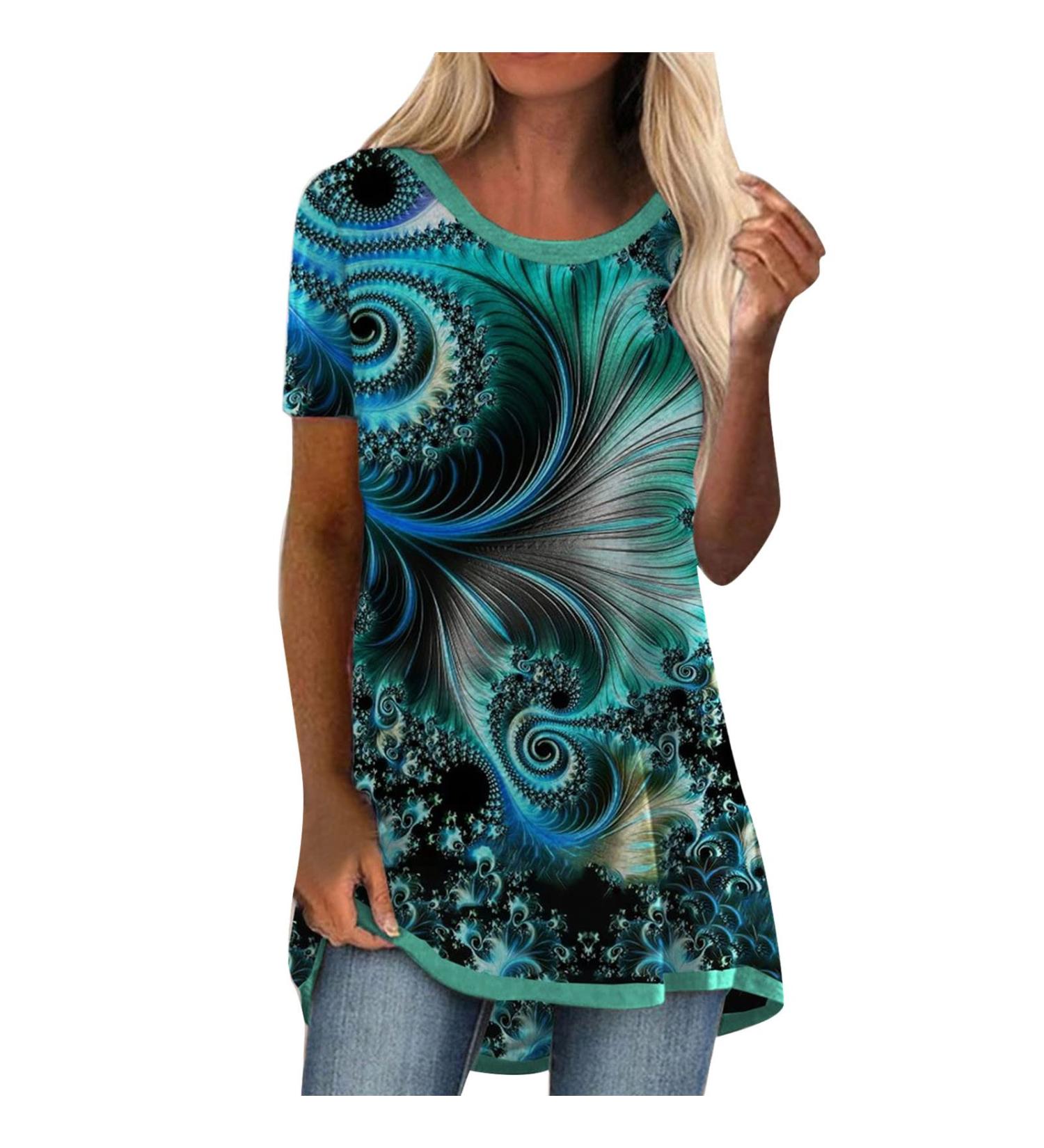 Women's Blue XX-Large Fashion Print Short Sleeve T-Shirt Top with Beaded Turtleneck - Buy Online on GoSupps.com