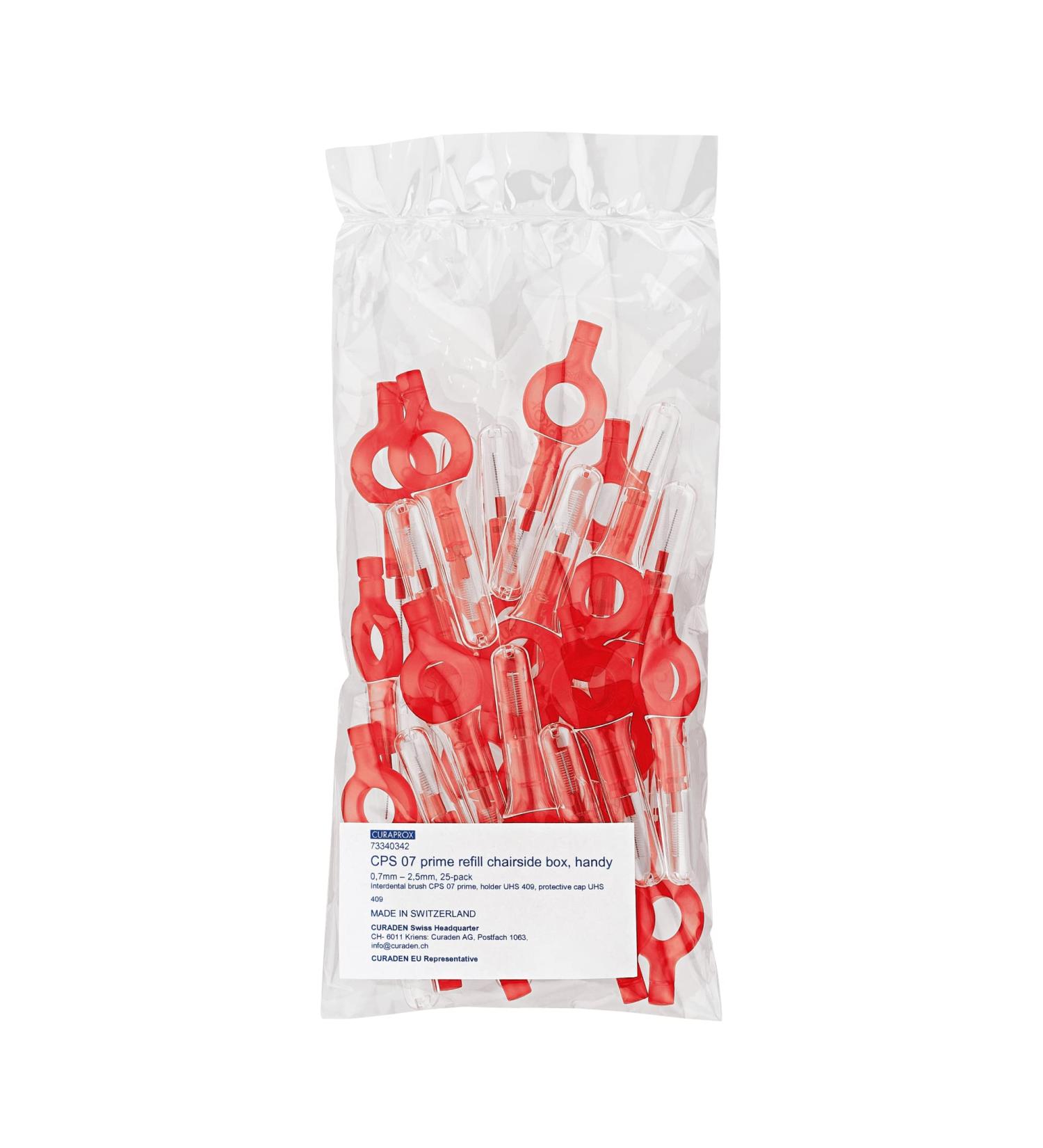 Curaprox Prime CPS 07 Red - Premium Interdental Brushes - Interdental Flosser - 25 Brushes & 25 Small Handles