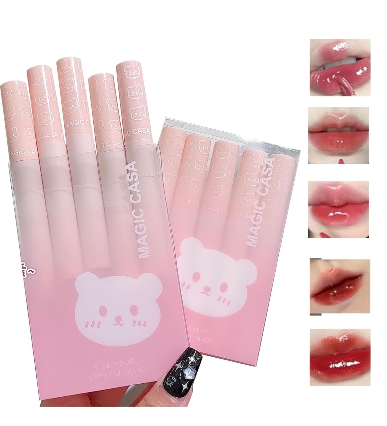 5pcs Mirror Water Lip Gloss Set - Cute Bear Jelly Lipstick Moisturizing Long Lasting Korean Style Liquid Lipstick Multicolor Hydrating Lip Stain Gift Set - Buy Online on GoSupps.com