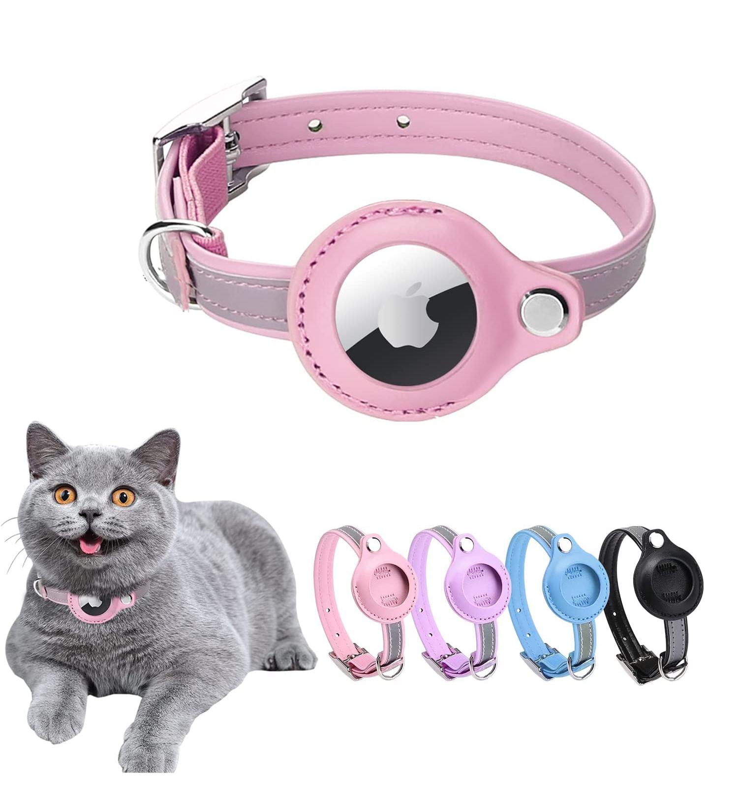 Premium Adjustable Leather Airtag Cat Collar - Reflective GPS Tracking Neck Band for Small Medium & Large Cats (XS Pink 19-26cm) - Anti-Lost Airtag Case - Buy Online on GoSupps.com