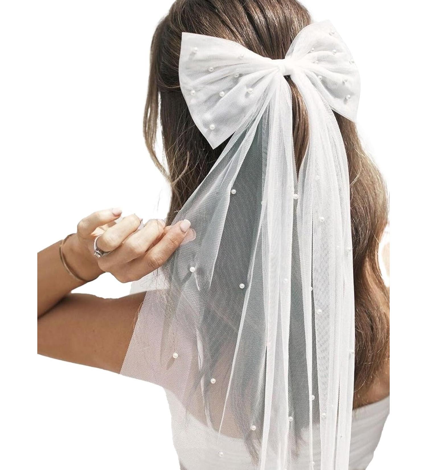 Bridal Hair Bow Veil with Pearl White Hair Bow Clip Bachelorette Party Accessories Tulle Wedding Veil Bridal Hair Accessories for Hen Night Party Bridal Shower - Buy Online on GoSupps.com