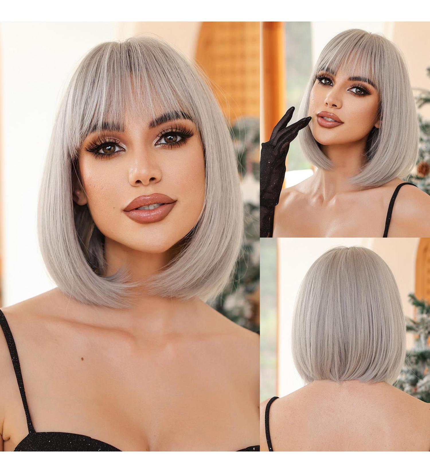 OUFEI Platinum Blonde Bob Wig with Bangs - Short Straight Synthetic Hair Wig for Women - Ideal for Daily Wear, Parties, and Cosplay - Platinum Blonde (1117-1) - Buy Online on GoSupps.com