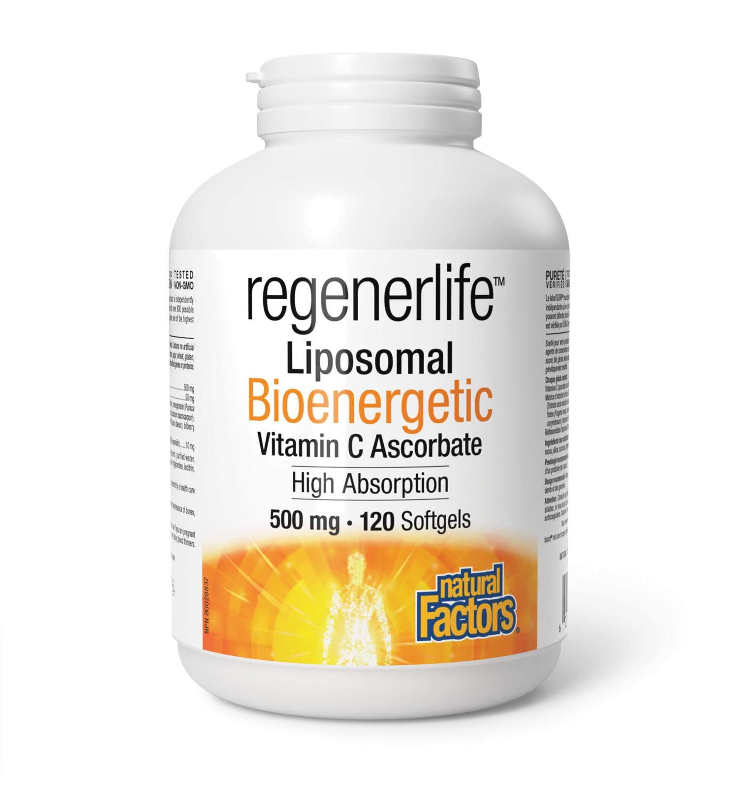 Natural Factors Regenerlife Liposomal Bioenergetic Vitamin C Ascorbate 500 mg 120 softgels High Absorption Stomach-Friendly Supports Bones Teeth Cartilage Gums and Immune Health Antioxidant - Buy Online on GoSupps.com