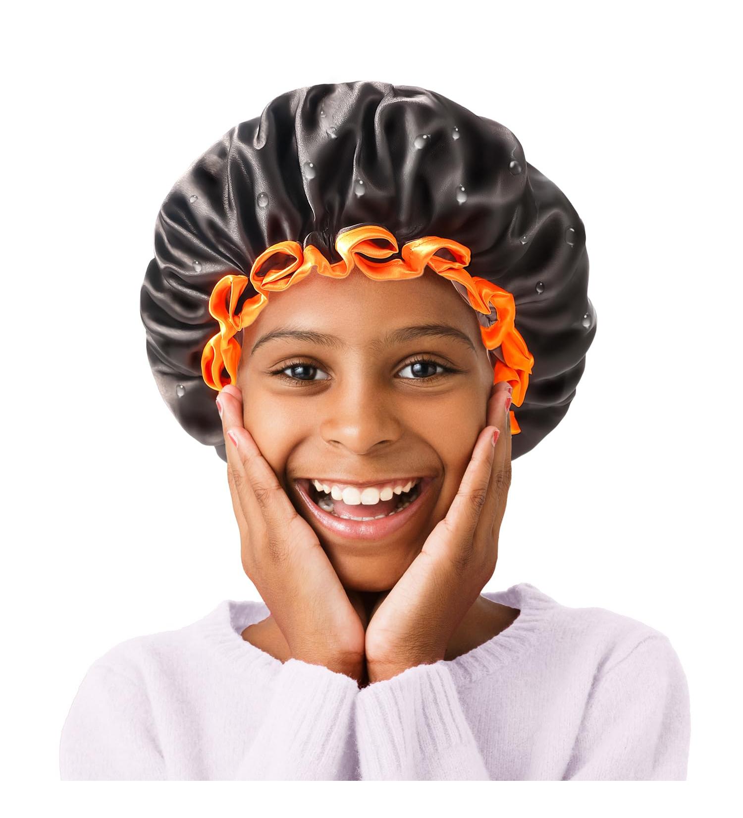 Kids Small Black Shower Cap | Double Layers Waterproof Bathing Hair Cap | Reusable & Comfortable | Non-fading & Stretchy Shower Hat | Pack of 1 Black + Orange - Buy Online on GoSupps.com