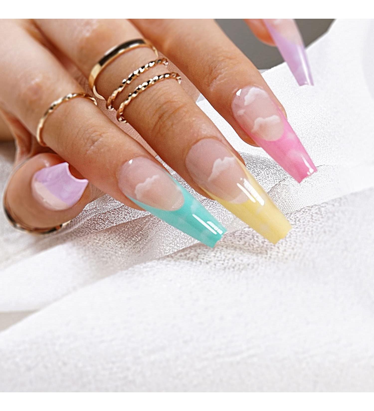 24Pcs Long Coffin Blue Waves Design False Nail Full Cover French Ballerina Fake Nails DIY Manicure Tools Decoration Detachable 6