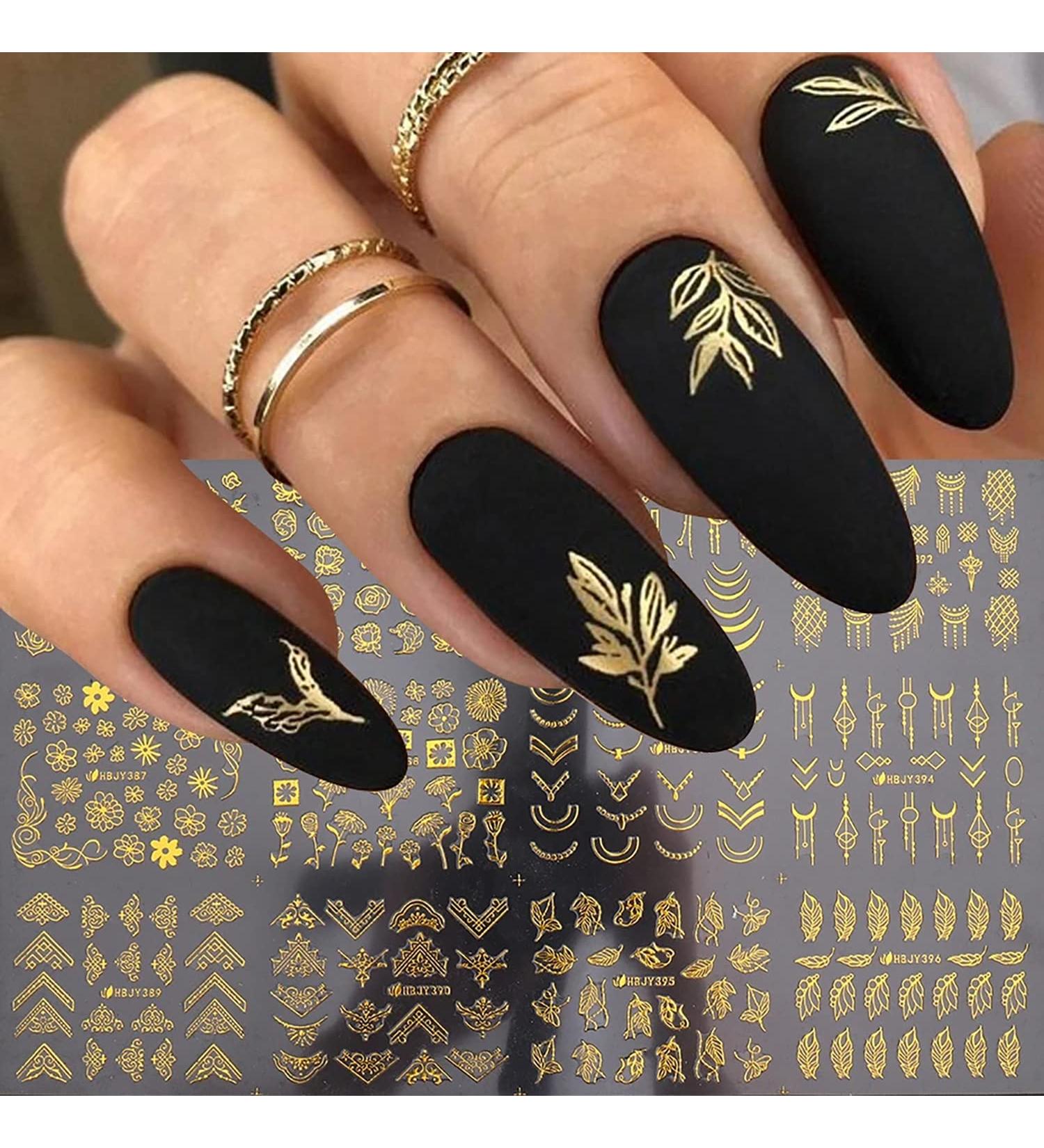 Gold Flowers Nail Art Stickers Decals - 3D Metallic Leaves, Self-Adhesive, 12 Small Sheets for Women Manicure - Buy Online on GoSupps.com