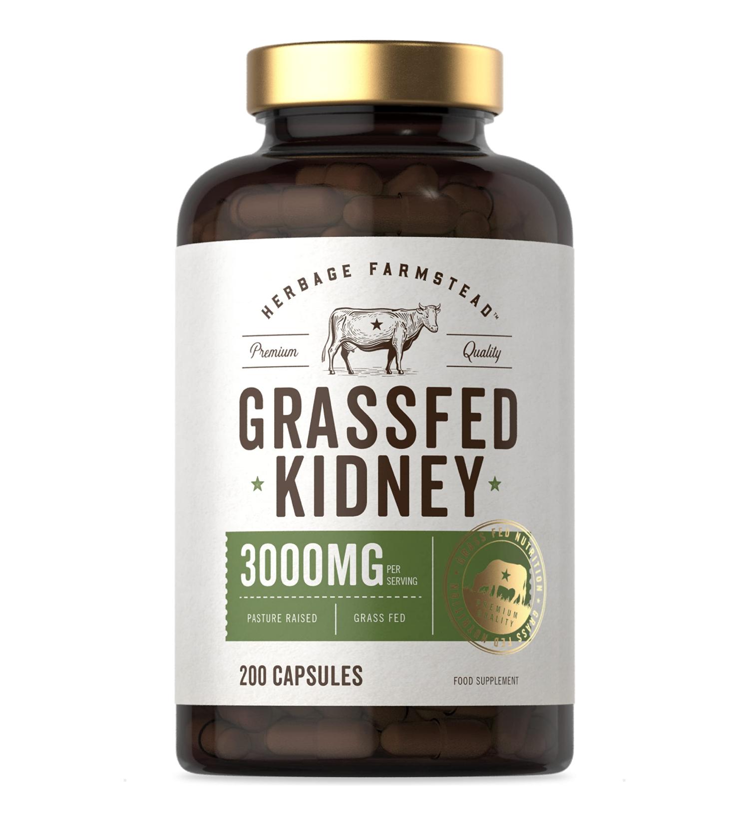 Organic Grass Fed Beef Kidney Supplement | 3000mg | 200 Capsules | Dried & Desiccated | No Preservatives | Herbage Farmstead - Buy Online on GoSupps.com