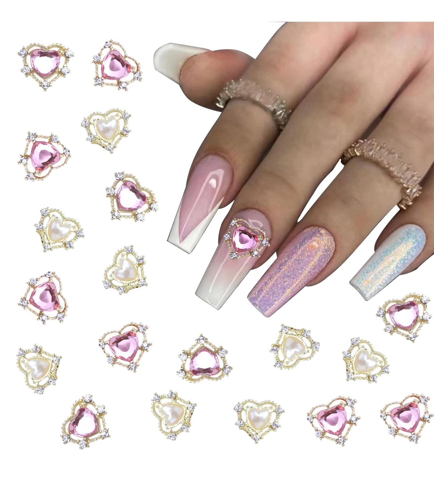 YOSOMK 24PCS Heart Nail Charms | White Pink 3D Pearls & Gems for Acrylic Nail Art Design - Buy Online on GoSupps.com