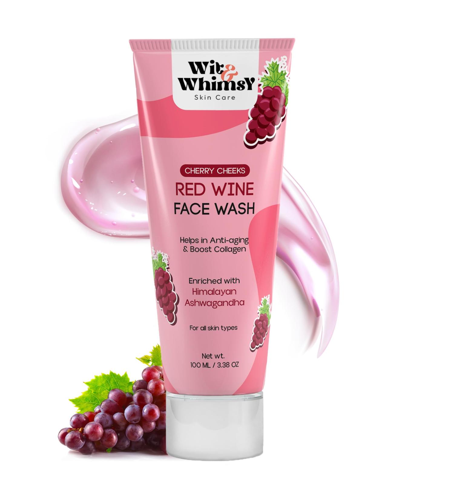 Wit & Whimsy Cherry Cheeks Red Wine Face Wash - Ayurvedic Cleanser with Himalayan Ashwagandha for All Skin Types - 100ML (3.38 Oz - Buy Online on GoSupps.com