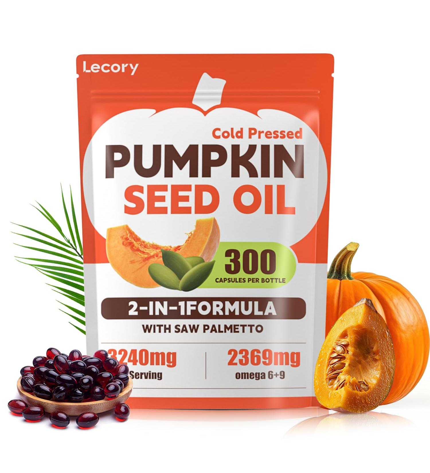Lecory Pumpkin Seed Oil Capsules with Saw Palmetto - 3240mg - 300 Softgels Cold Pressed Essential Fatty Acids & Phytosterols Natural Supplement for Hair Growth Urinary - Non-GMO - Buy Online on GoSupps.com