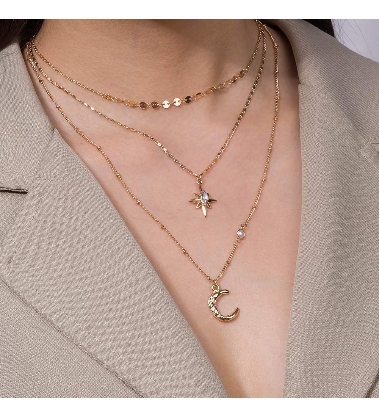 Buy fxmimior Boho Gold Moon & Star Sequins Layered Necklace - Dainty Pearls Jewelry for Women | International Shipping - Buy Online on GoSupps.com