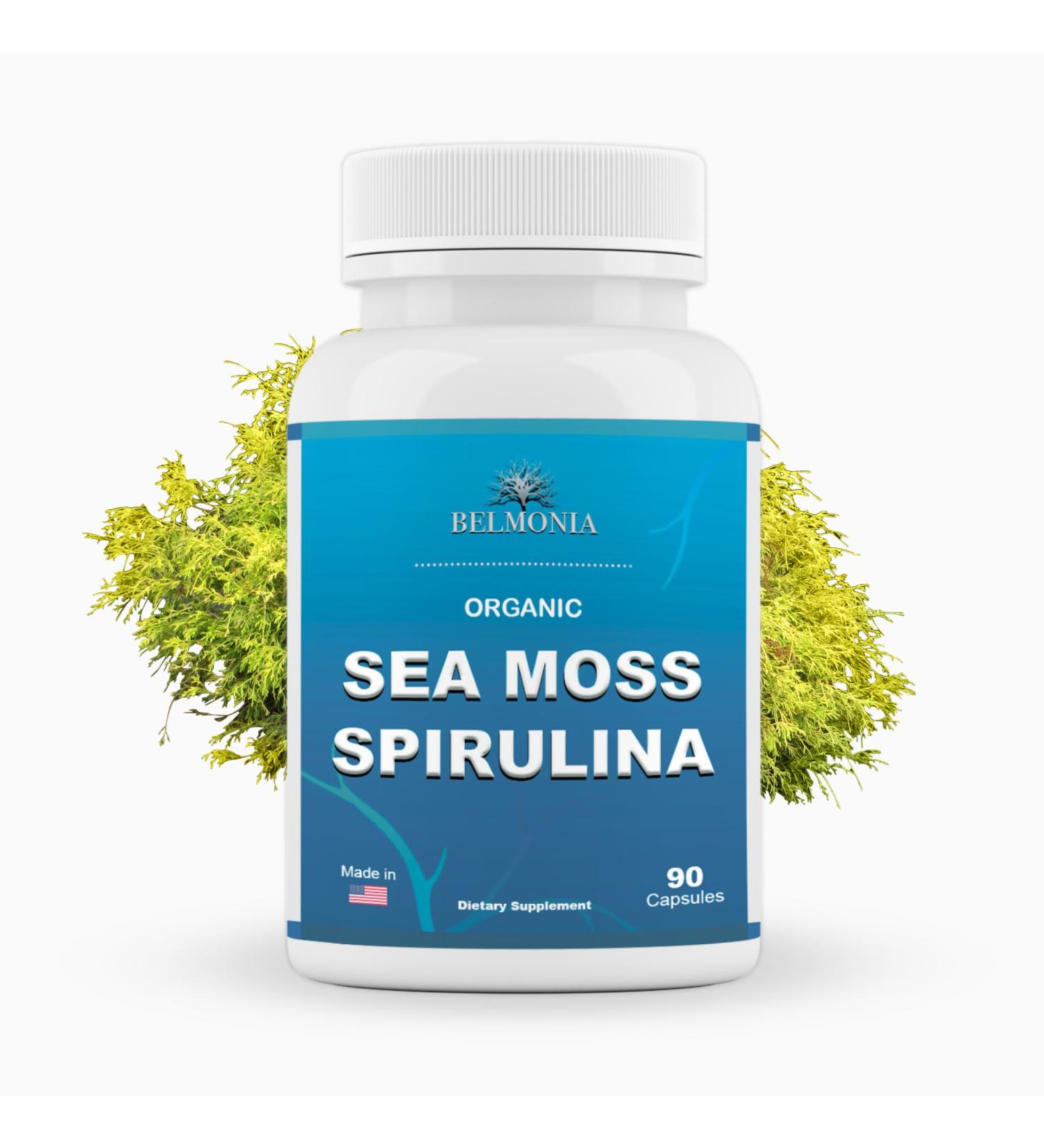 Belmonia Organic Sea Moss Spirulina 90 Capsules Organic Sea Moss Spirulina Supplement Immune Support Endurance & Microingredients Source Vegan Capsules for Men & Women - Buy Online on GoSupps.com