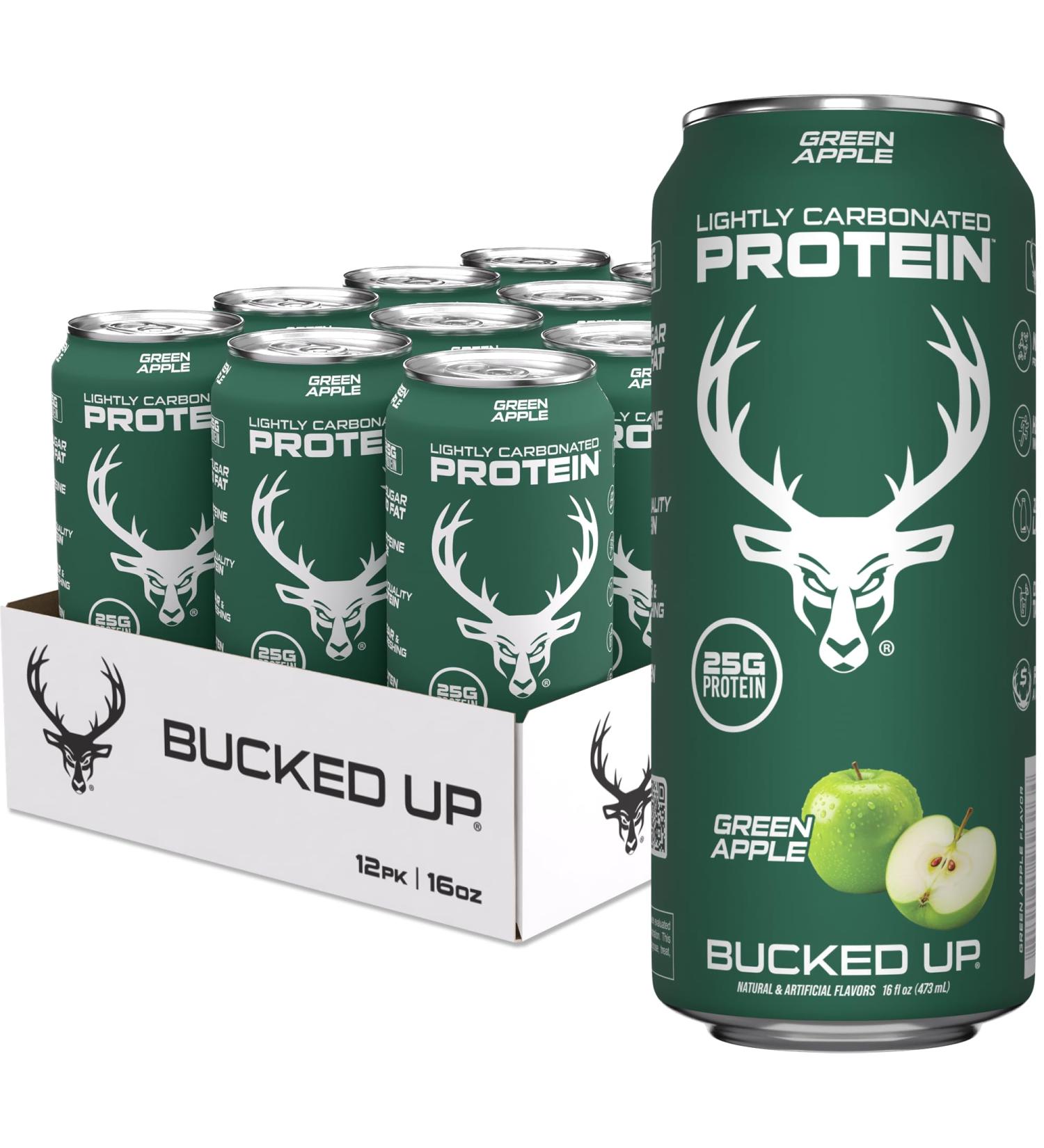 Bucked Up Lightly Carbonated Protein Soda | 25g Whey Isolate - Zero Sugar Low Calorie Caffeine Free Clean Drink | Sparkling Protein Soda - 12 Pack 16 oz Cans (Green Apple) Green Apple 12 Pack - Buy Online on GoSupps.com