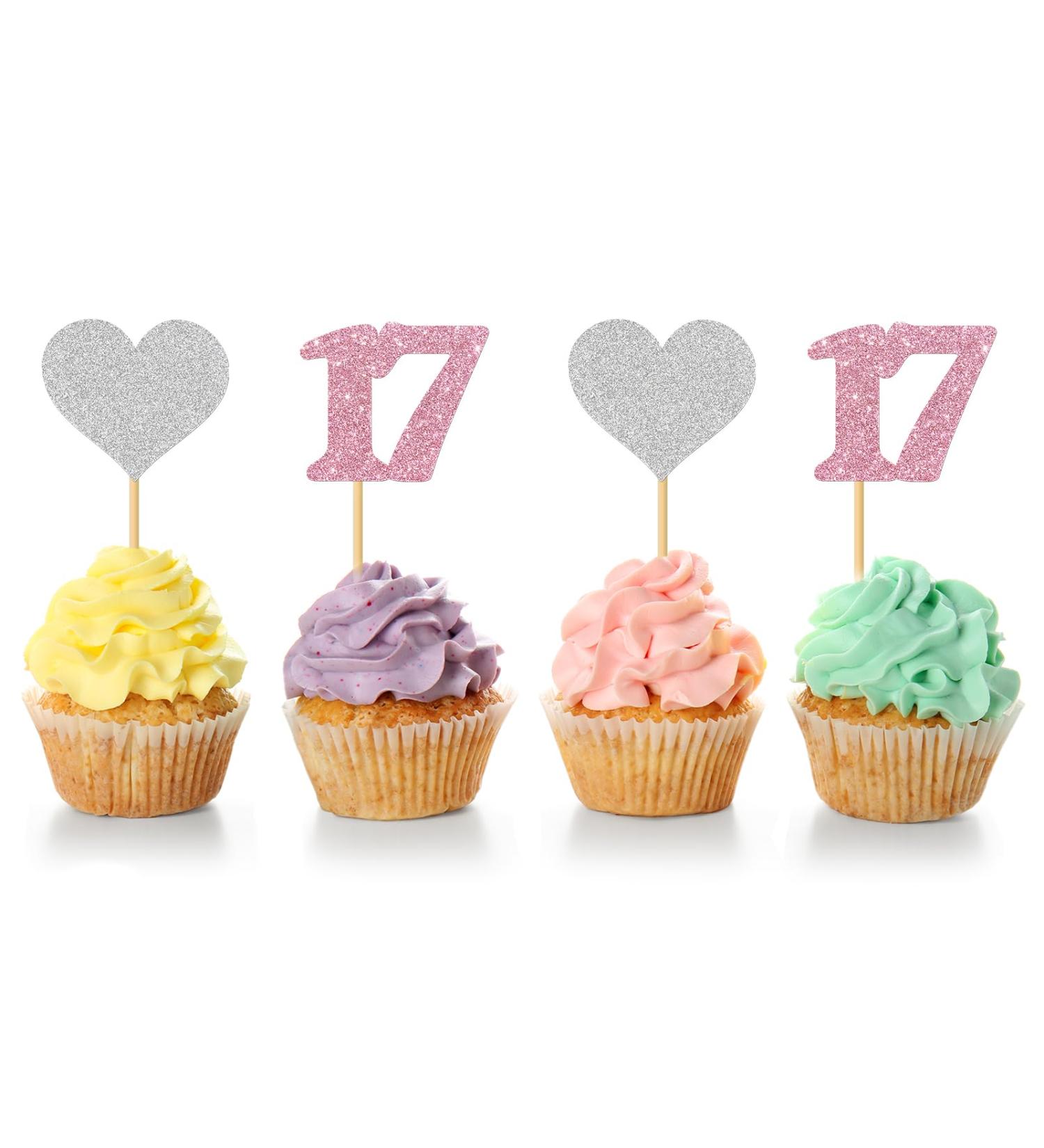 MonMon & Craft 17th Birthday Cupcake Toppers - Number 17 Sign - Girls 17th Birthday Cupcake Toppers - Sweet 17 Dessert Decor- Cheers to 17 Years Party Decorations Pink Silver Glitter - 24 Pcs - Buy Online on GoSupps.com