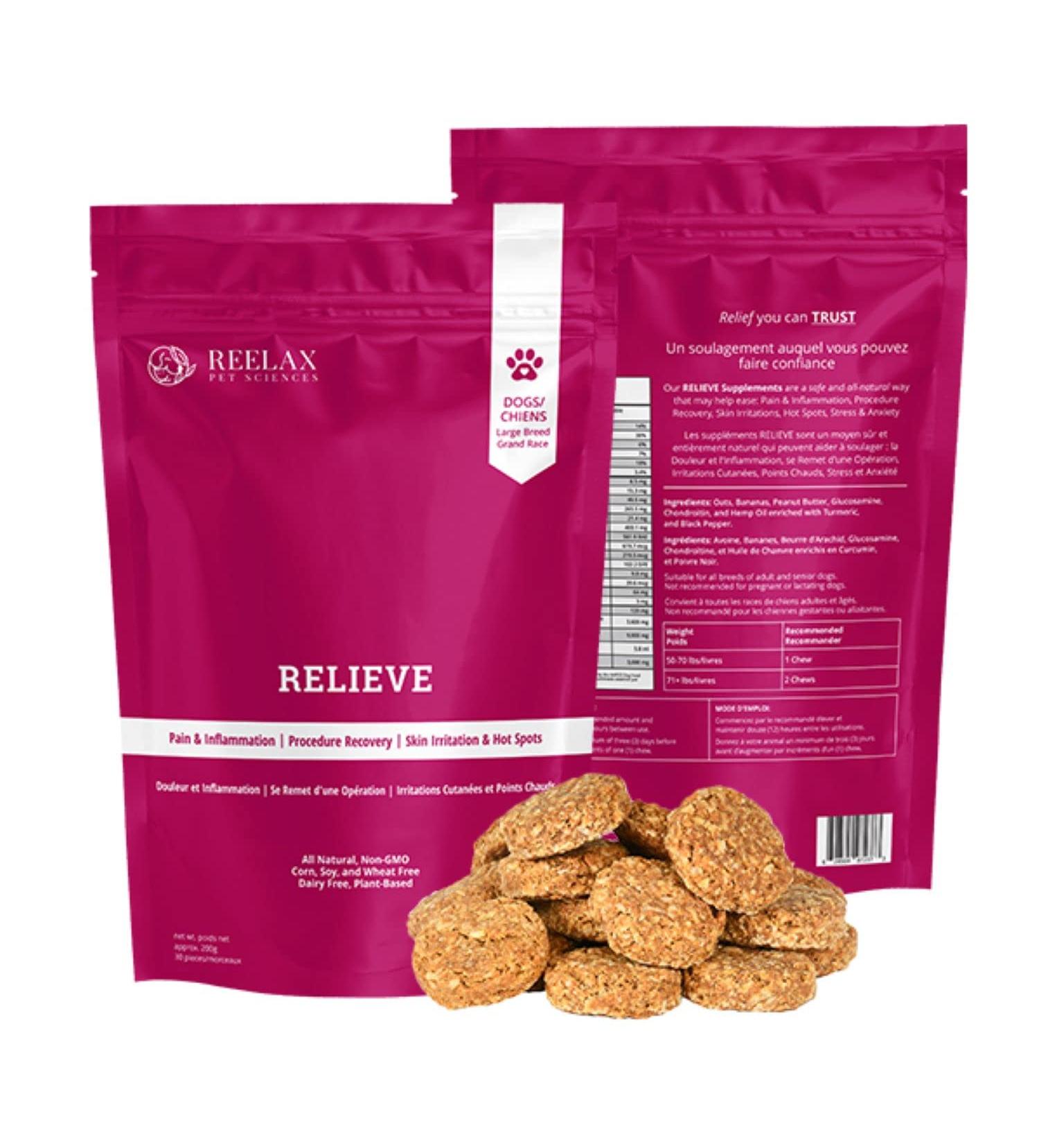 RELIEVE Pet Supplement for DOGS/CANINES - Chews (Large Breed) 200g | Calming Hemp Supplement | Pain and Inflammation | Procedure Recovery | Skin Irritations | Hot Spots | Stress and Anxiety | Viral Infections | Depression | Separation Anxiety Turmeric Bla - Buy Online on GoSupps.com