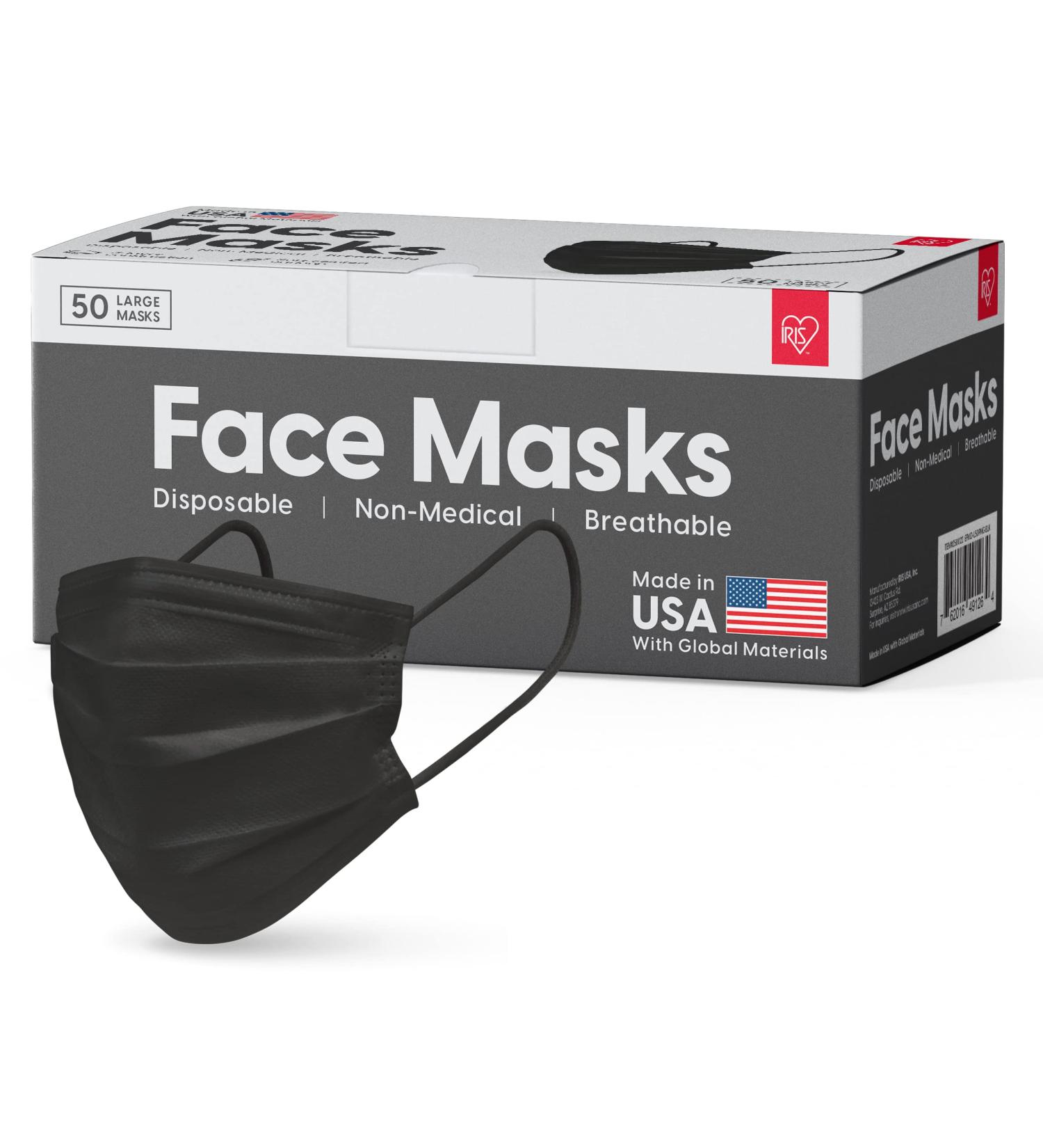 IRIS USA Premium 3-Ply Breathable Disposable Face Mask with Comfortable Soft Stretchable Earloop 3 Layer Construction for High Protection Black Pack of 50 - Buy Online on GoSupps.com