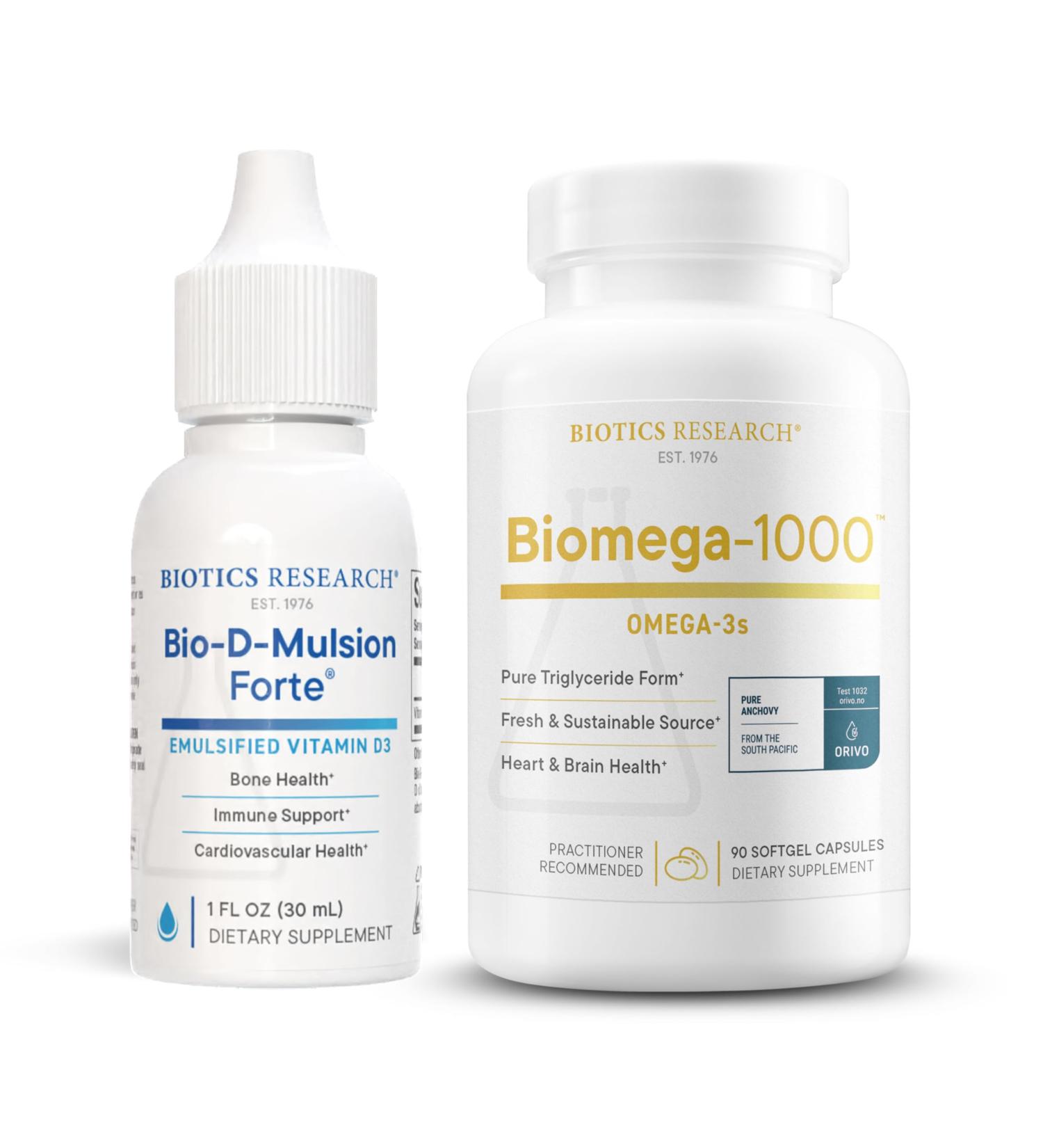 Biotics Research Bio-D-Mulsion Forte Vitamin D3 for Bone Immune & Heart Health + Biomega-1000 Omega-3 Fish Oil for Heart Brain & Immune Support 1 fl oz & 90 Softgels - Buy Online on GoSupps.com