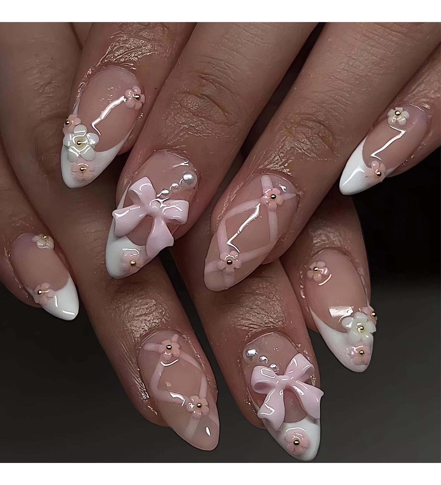 Medium Almond Press on Nails - White French Tips & 3D Flower Bow Charms | Cute Reusable Pink Acrylic Nails | 24pcs - Perfect for Elegant Looks - Buy Online on GoSupps.com