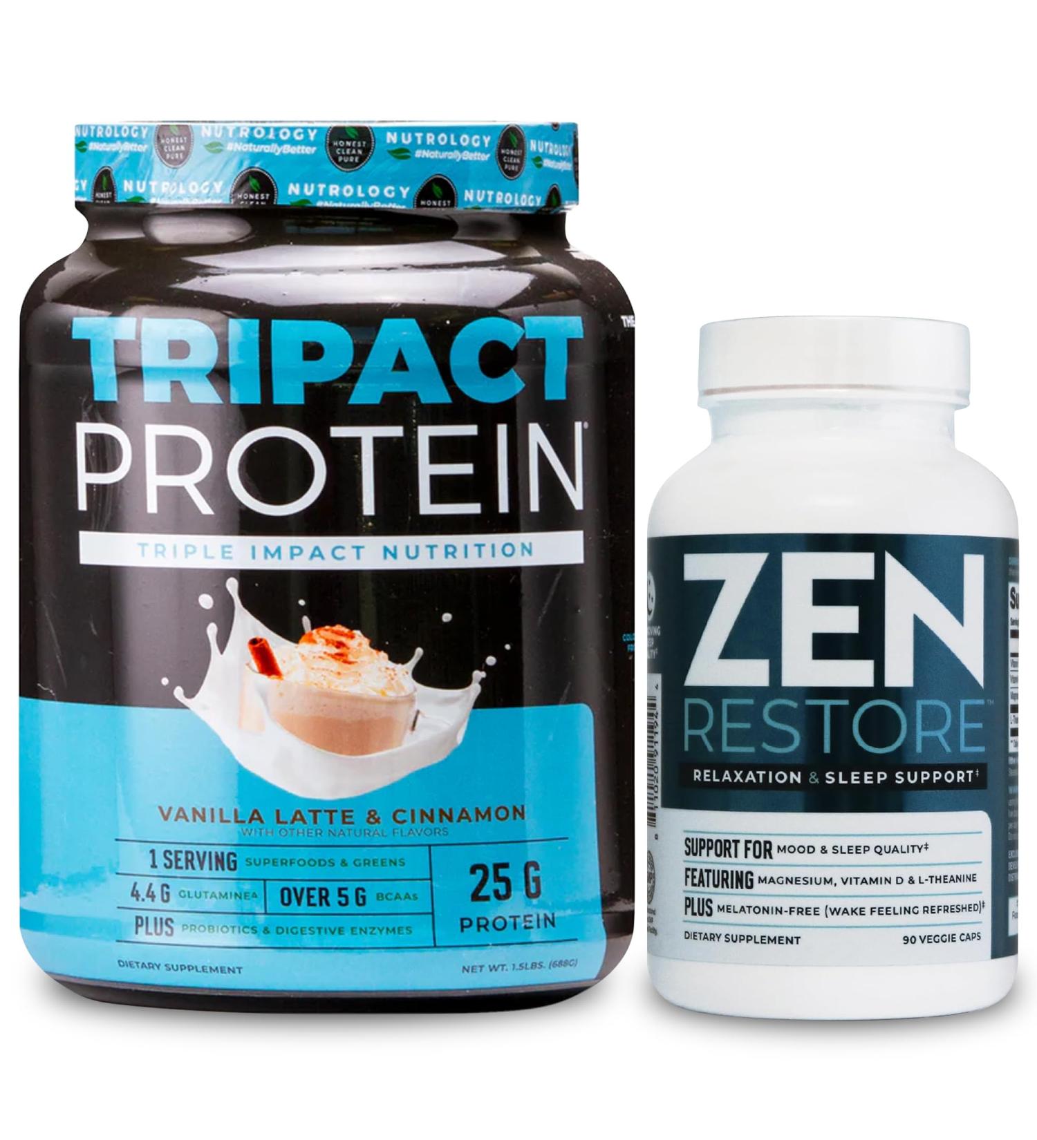 Nutrology TRIPACT Protein Powder 7-in-1 Meal Replacement Shake Vanilla Latte Cinnamon Flavor (20 Servings) Zen Natural Magnesium Supplement (30 Servings) - Buy Online on GoSupps.com
