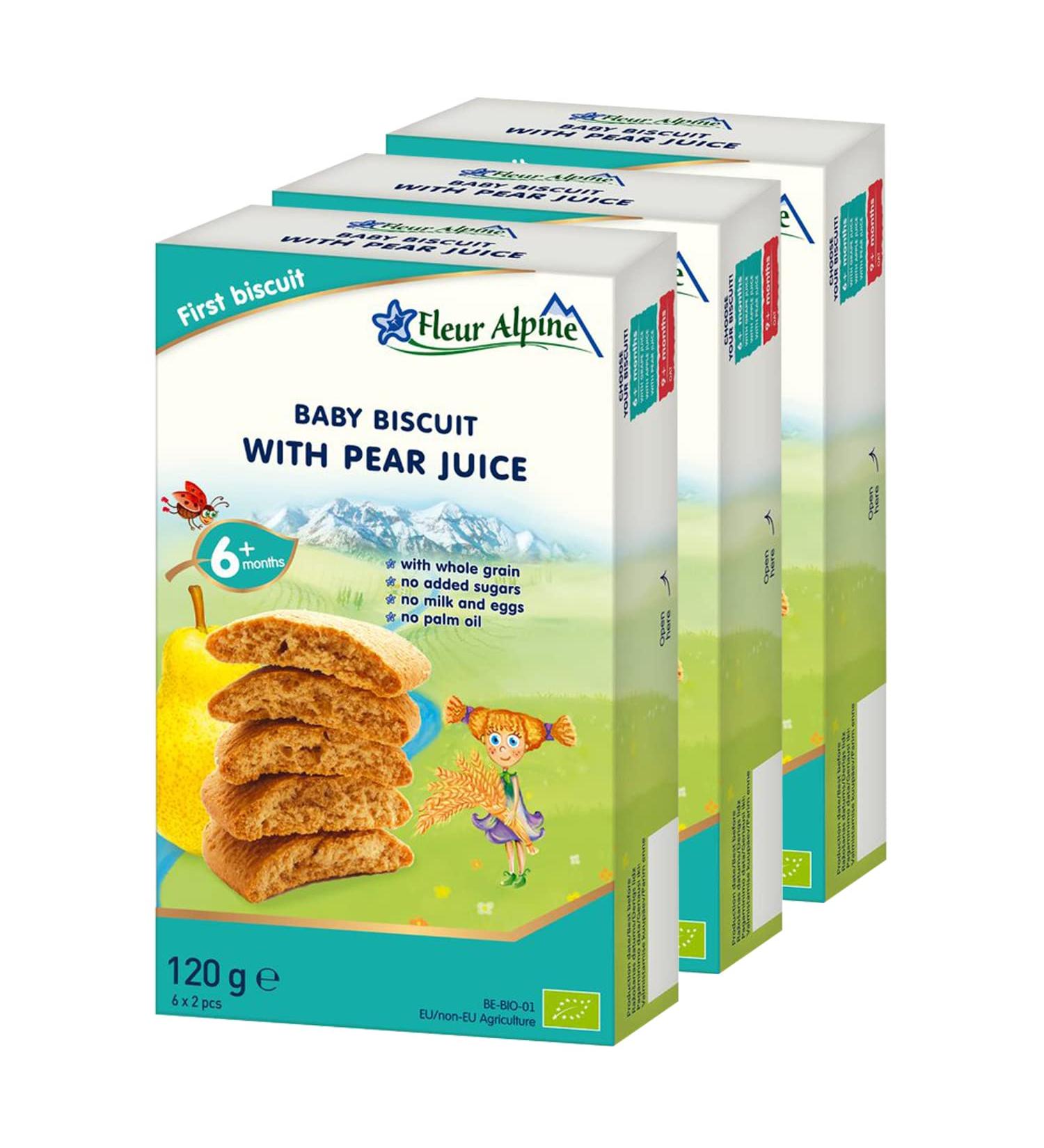 Fleur Alpine Baby Biscuit with Pear Juice 3 x 120g I Whole Grain Food Snack for Toddlers from 6 months without Added Sugar I 18 x 2 Biscuits PEAR JUICE 3 - Buy Online on GoSupps.com