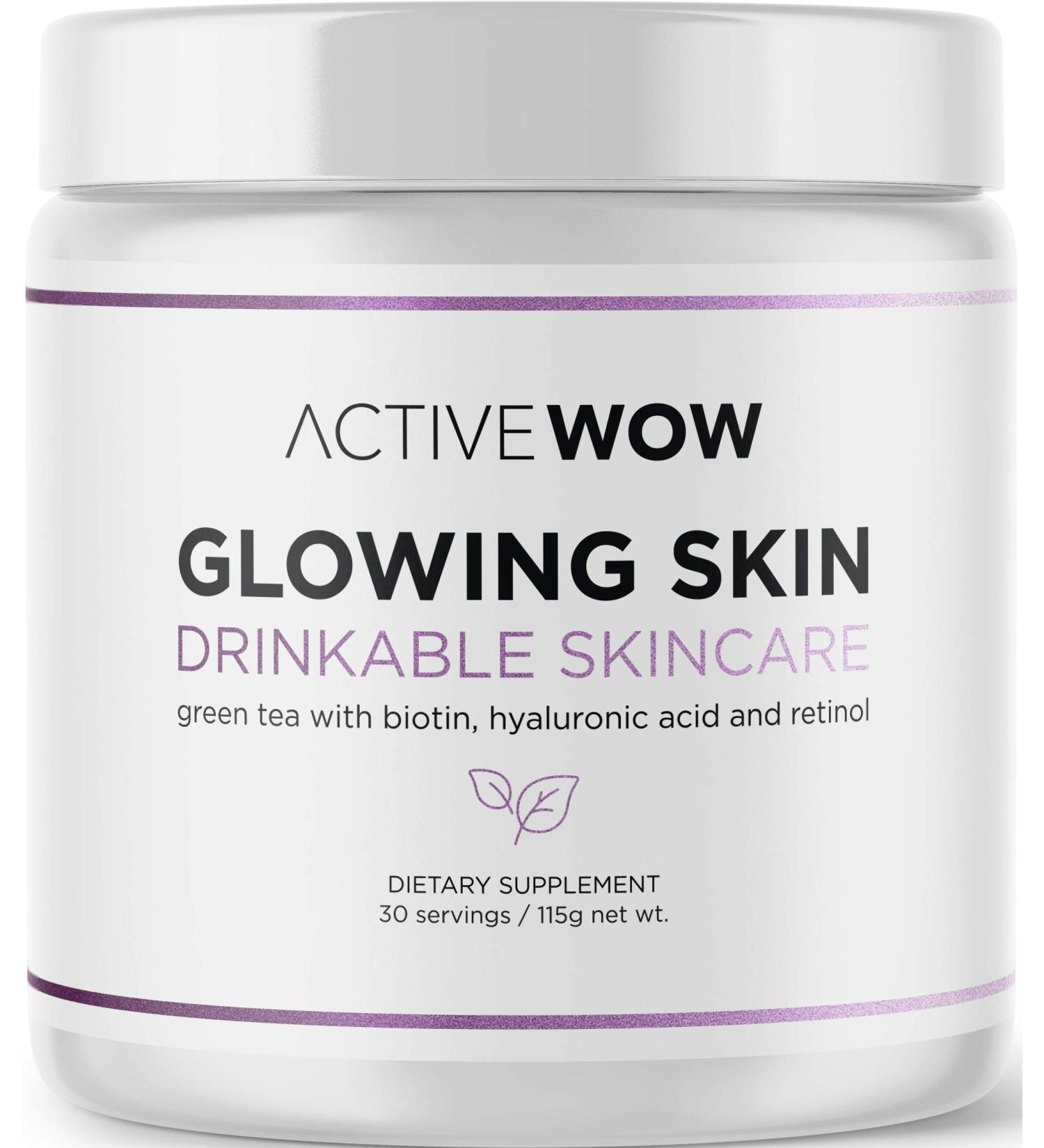 Active Wow Glowing Skin Powder - Vegan Drinkable Collagen with Hyaluronic Acid & Biotin | Radiant Skin & Hair Vitamins Green Tea Powder 115g - Buy Online on GoSupps.com