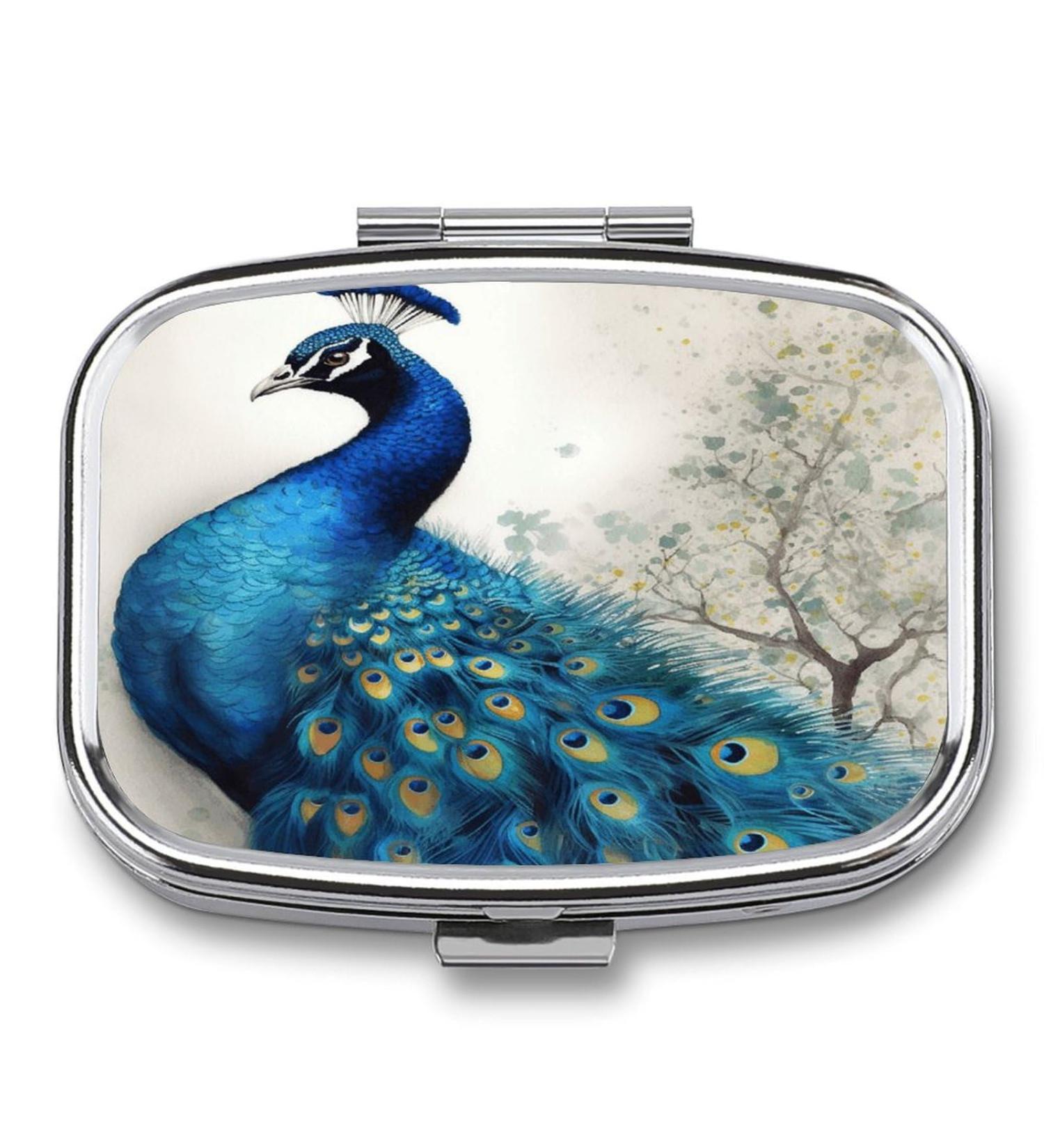 Blue Peacock Print Pill Box - 2 Compartment Decorative Metal Pill Organizer for Travel - Portable Medicine Case - Buy Online on GoSupps.com