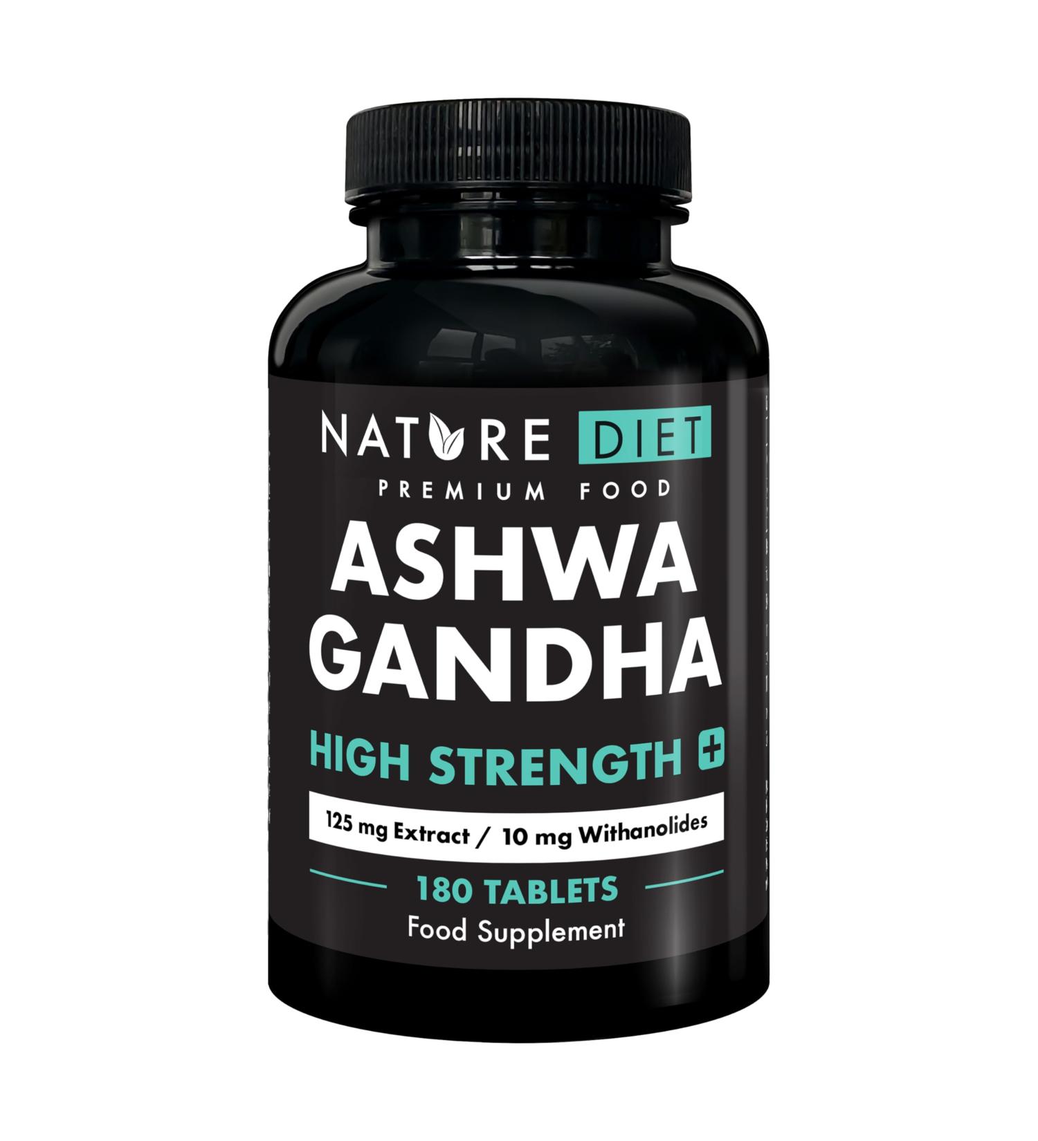 Ashwagandha High Strength PLUS | 125 mg d extrait de racine avec 10 mg de withanolides | 180 comprim s v ganes | Cure de 6 mois | Soutient la gestion du stress et le sommeil | par Nature Diet - Buy Online on GoSupps.com