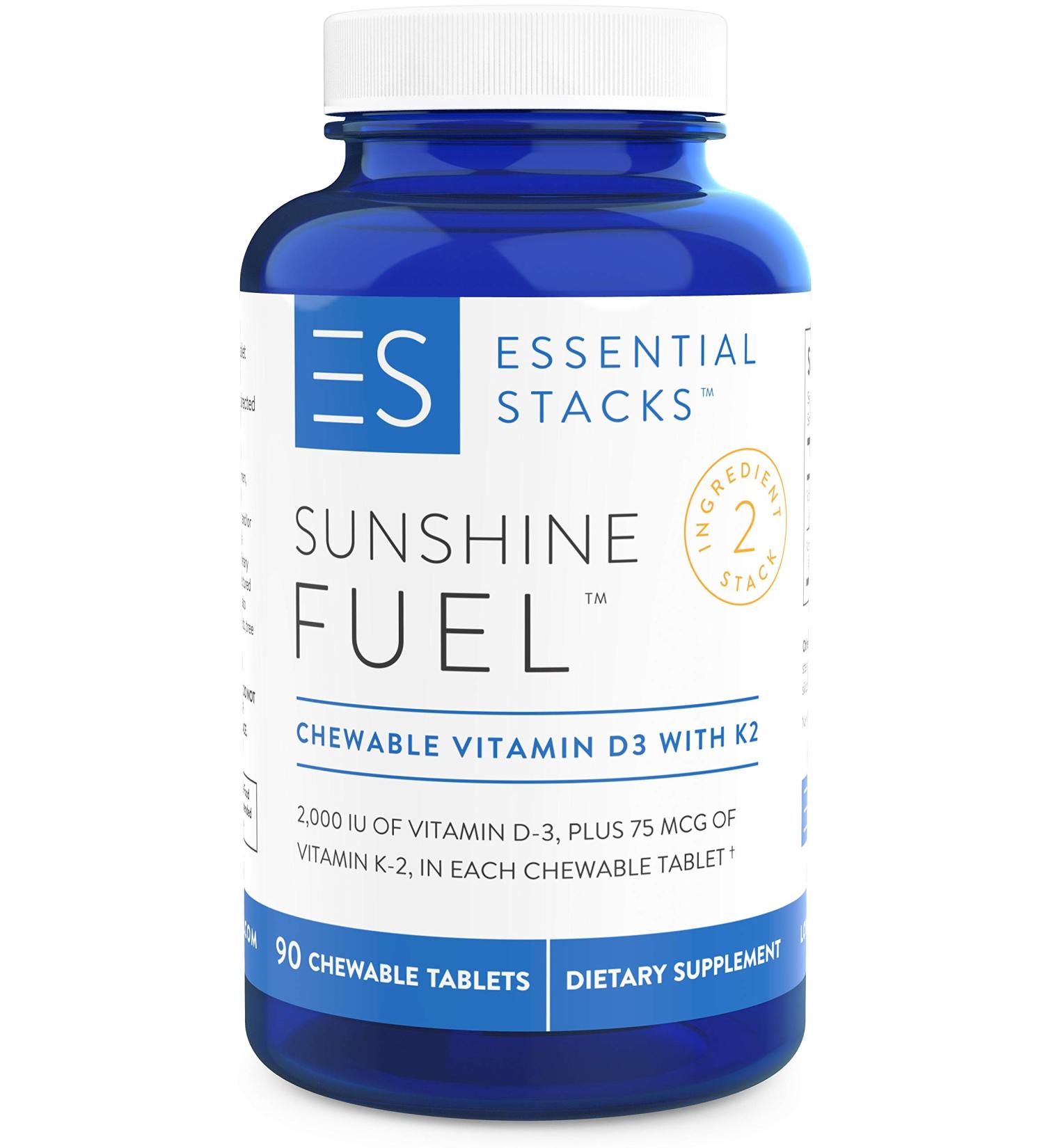 Essential Stacks Sunshine Fuel Chewable Vitamin D3 K2-2000 IU - 90 Tablets (Cherry Flavored) - 3 Month Supply - Buy Online on GoSupps.com