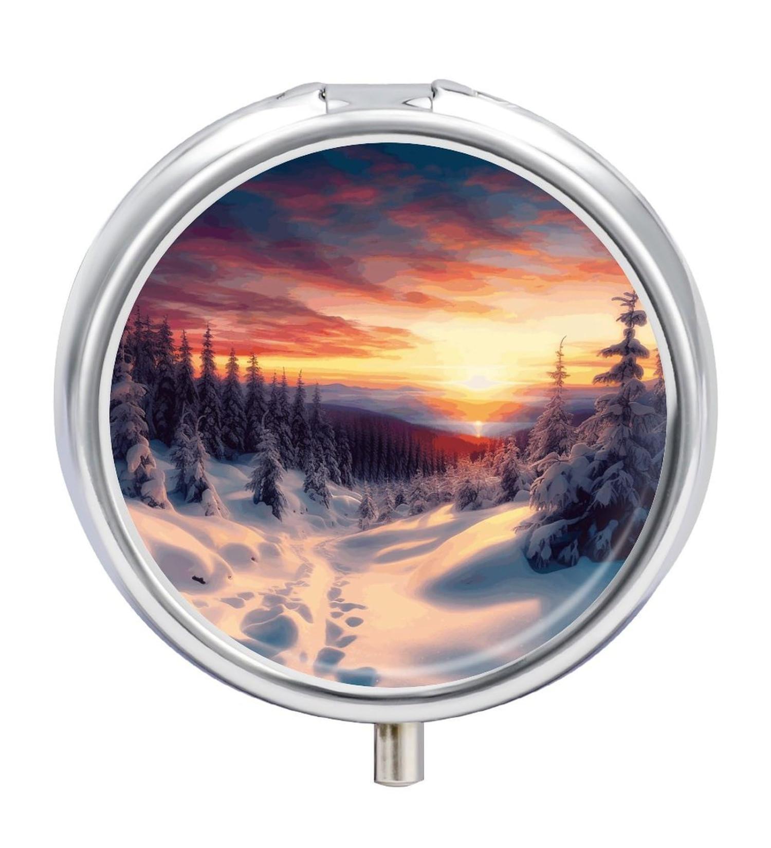 Round Pill Box - Winter Snow Sunset Landscape Print | 3 Compartment Decorative Metal Organizer | Portable Pocket Pill Case - Buy Online on GoSupps.com
