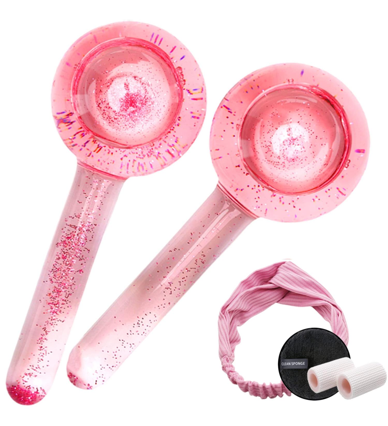 NOVOVIDA Ice Globes for Facial - 2pcs Cooling Facial Massager for Anti-Ageing & Skin Tightening with Headscarf & Sponge Pad - Pink - Buy Online on GoSupps.com