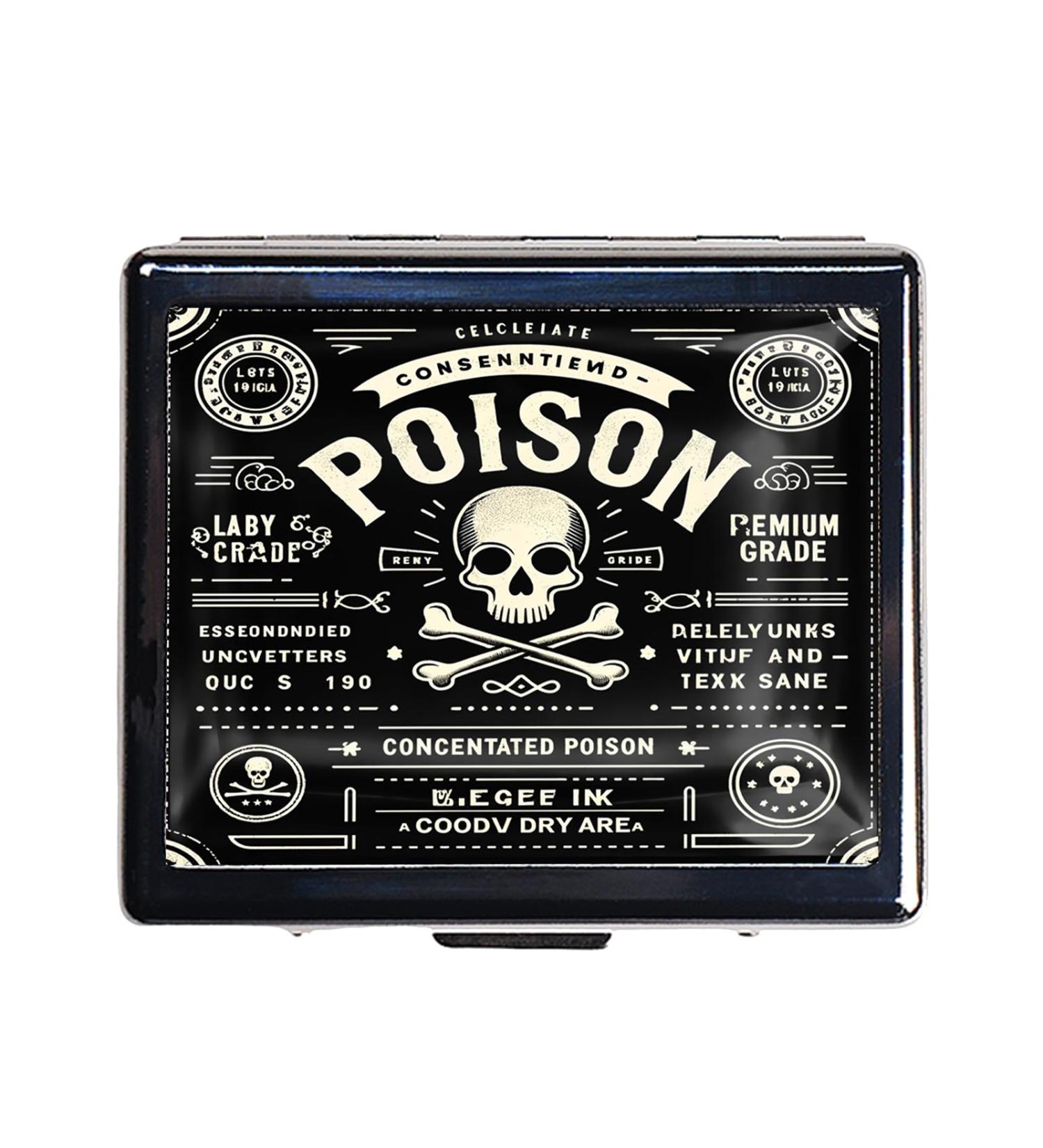 Cute Portable Metal Pill Organizer - 8 Compartment Travel Case | Elegant Chrome Finish | Retro Poison Label Design - Buy Online on GoSupps.com