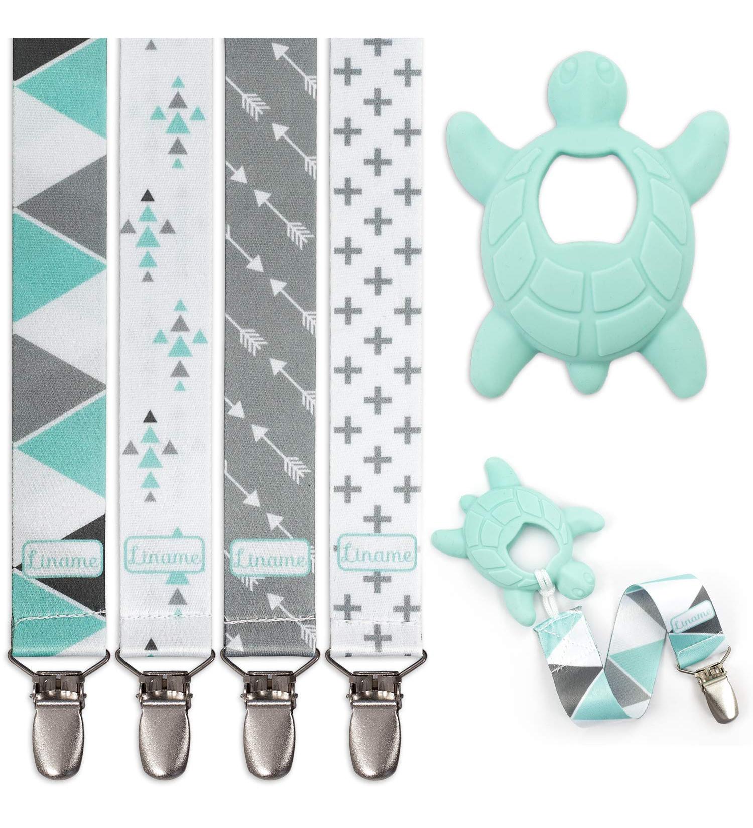 Liname Neutral Pacifier Clip with Teething Toy - 4 Pack Binky Holder Set for Boys & Girls - Mint Metal Clips - Baby Pacifier Holder and Teether Combo - Buy Online on GoSupps.com