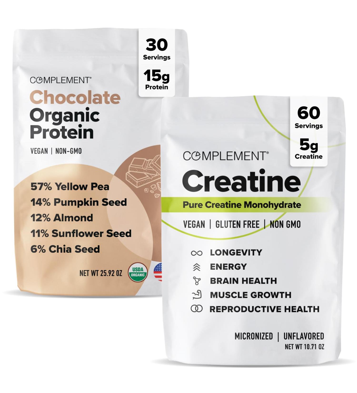 Complement Chocolate Protein & Creatine Bundle Plant-Based Protein Powder and Creatine Monohydrate for Enhanced Muscle Performance - Buy Online on GoSupps.com