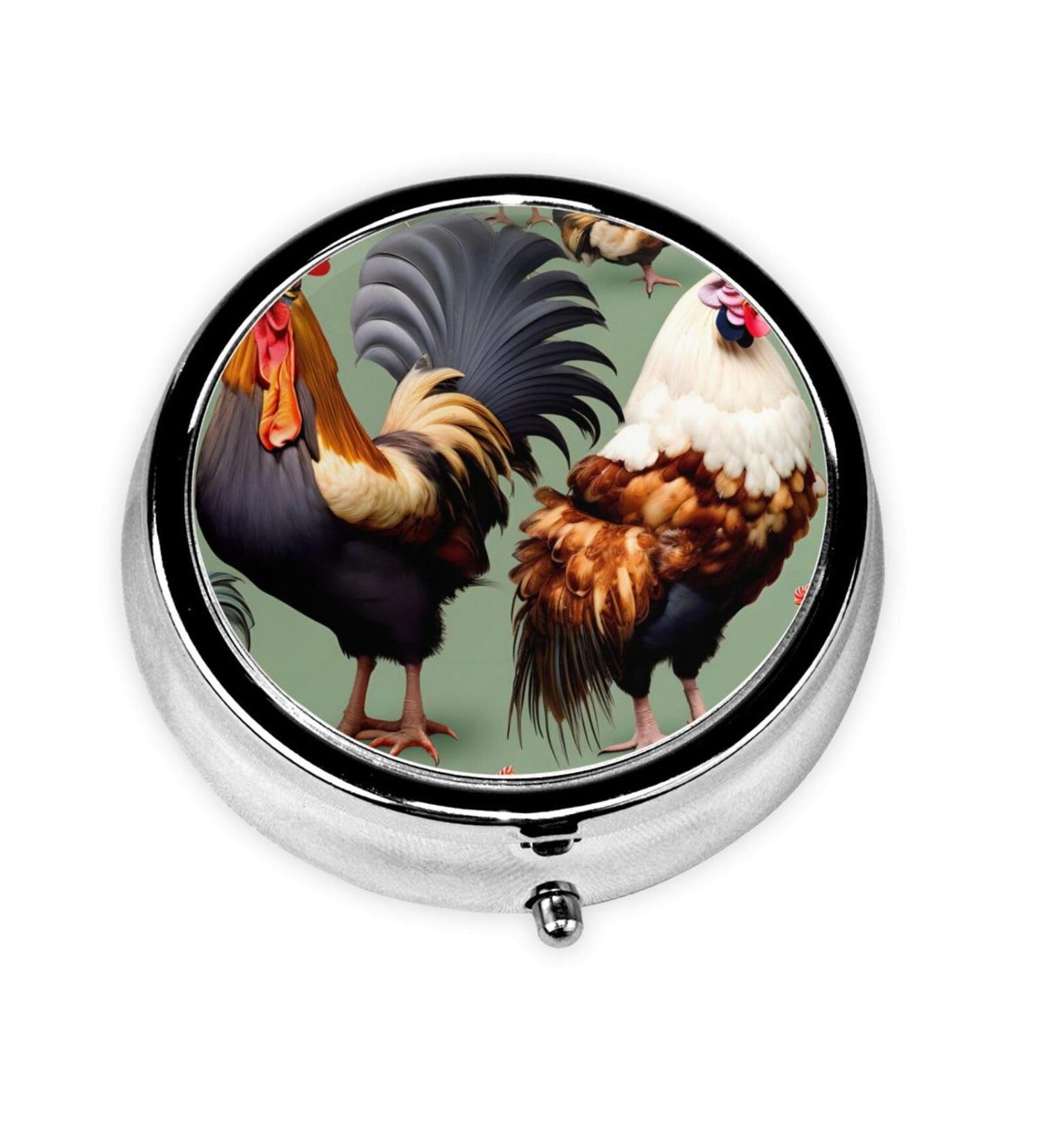 Rooster & Chicken Round Pill Box Organizer - 3 Compartment Travel Pill Box for Easy Medication Management - Buy Online on GoSupps.com