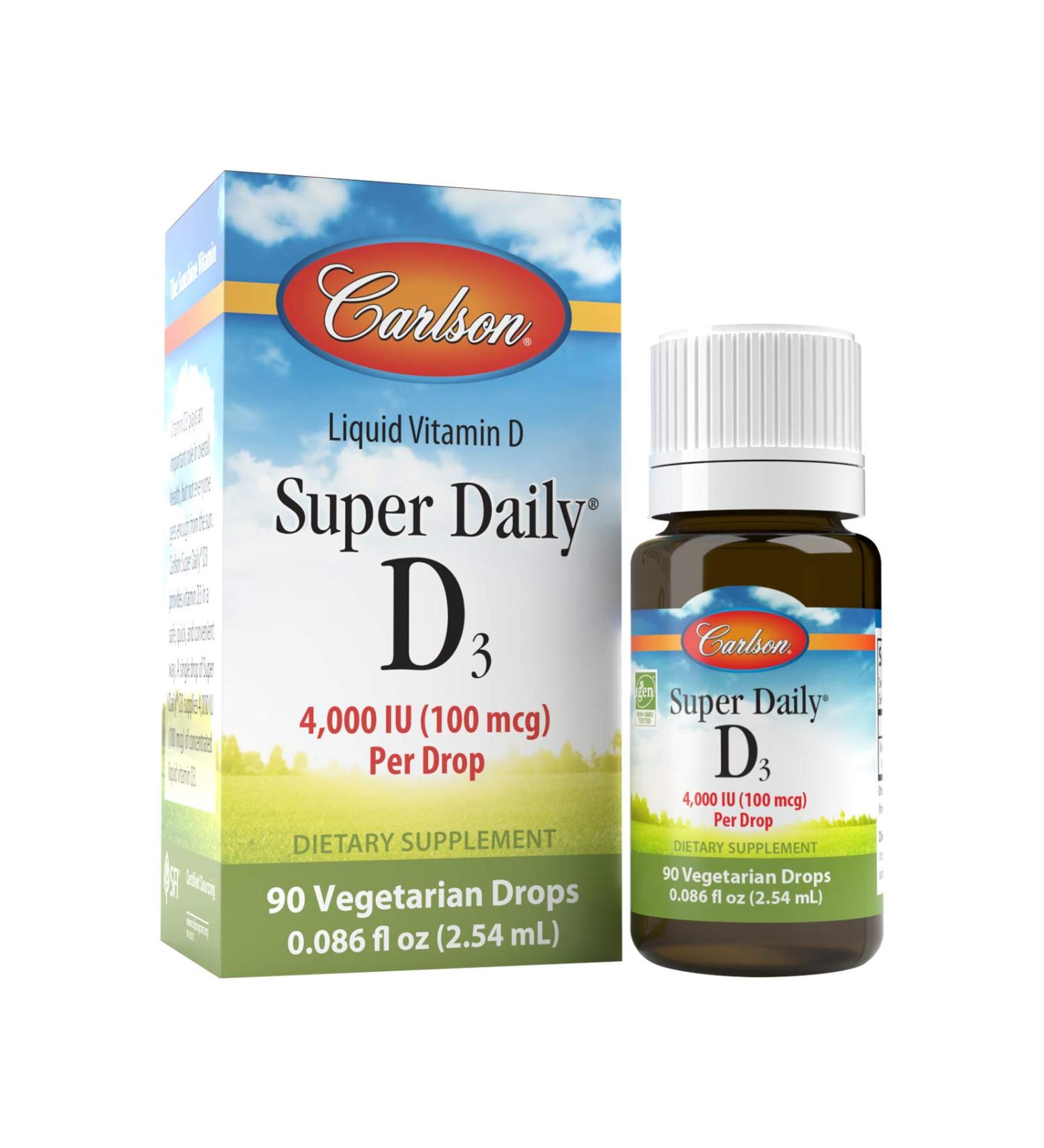 Carlson - Super Daily D3 4,000 IU (100 mcg) per Drop, Vitamin D Drops, Liquid Vitamin D3, Unflavored, 90 Drops (2.54 mL) - Buy Online on GoSupps.com