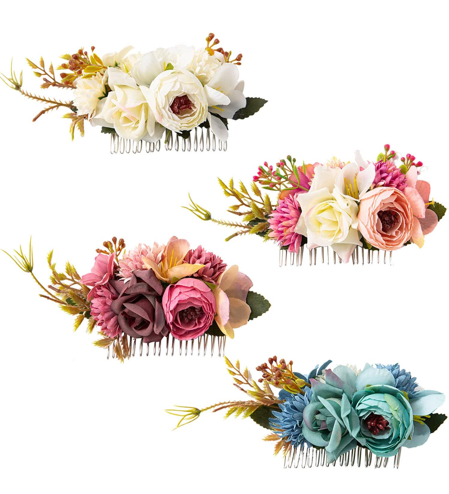 Cinaci 4 Pack Artificial Flower Metal Hair Side Combs Slides Clips Floral Wedding Bridal Headpieces Hairpins Barrettes Bun Chignon Hair Accessories for Women Flower Girls Brides Bridesmaids - Buy Online on GoSupps.com