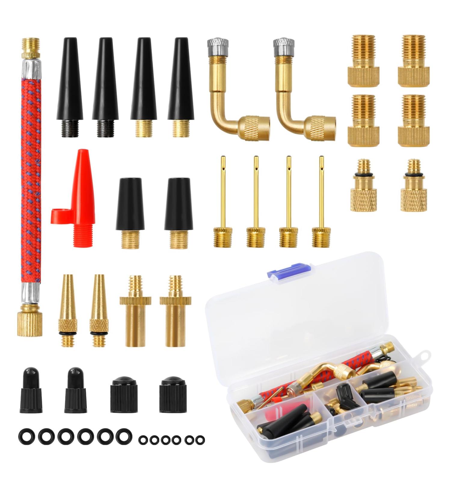 40-Part Bicycle Valve Adapter Set - All Valve Adapters for Air Pumps French Valve Adapters Ball Pump Needles & Sorting Box | SV AV DV PV Extenders - Buy Online on GoSupps.com